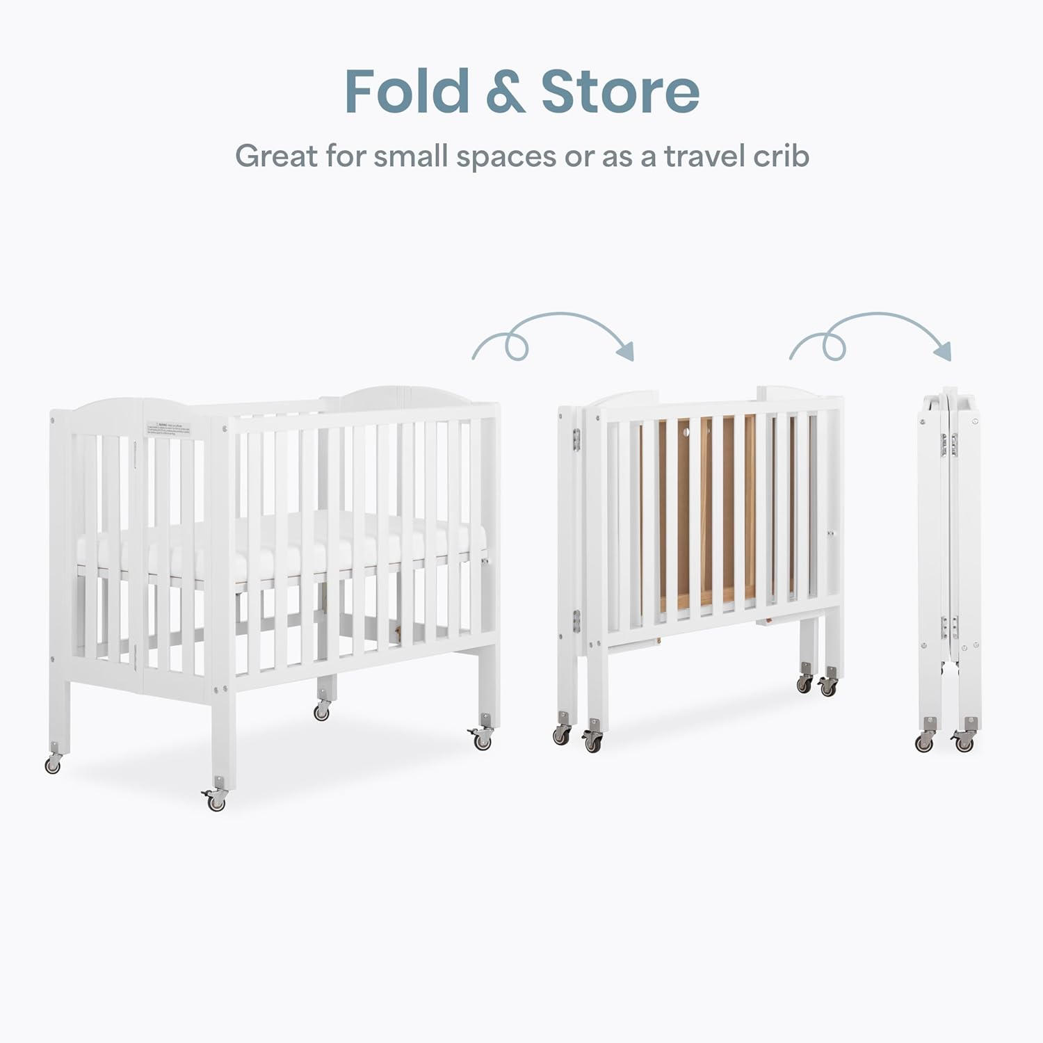 Dream On Me 2-in-1 Portable Mini Crib, Non-Full Size Baby Crib for Small Spaces, 2 Mattress Heights, Compact Travel Design, Includes Mattress, GREENGUARD Gold & BSA Certified, White