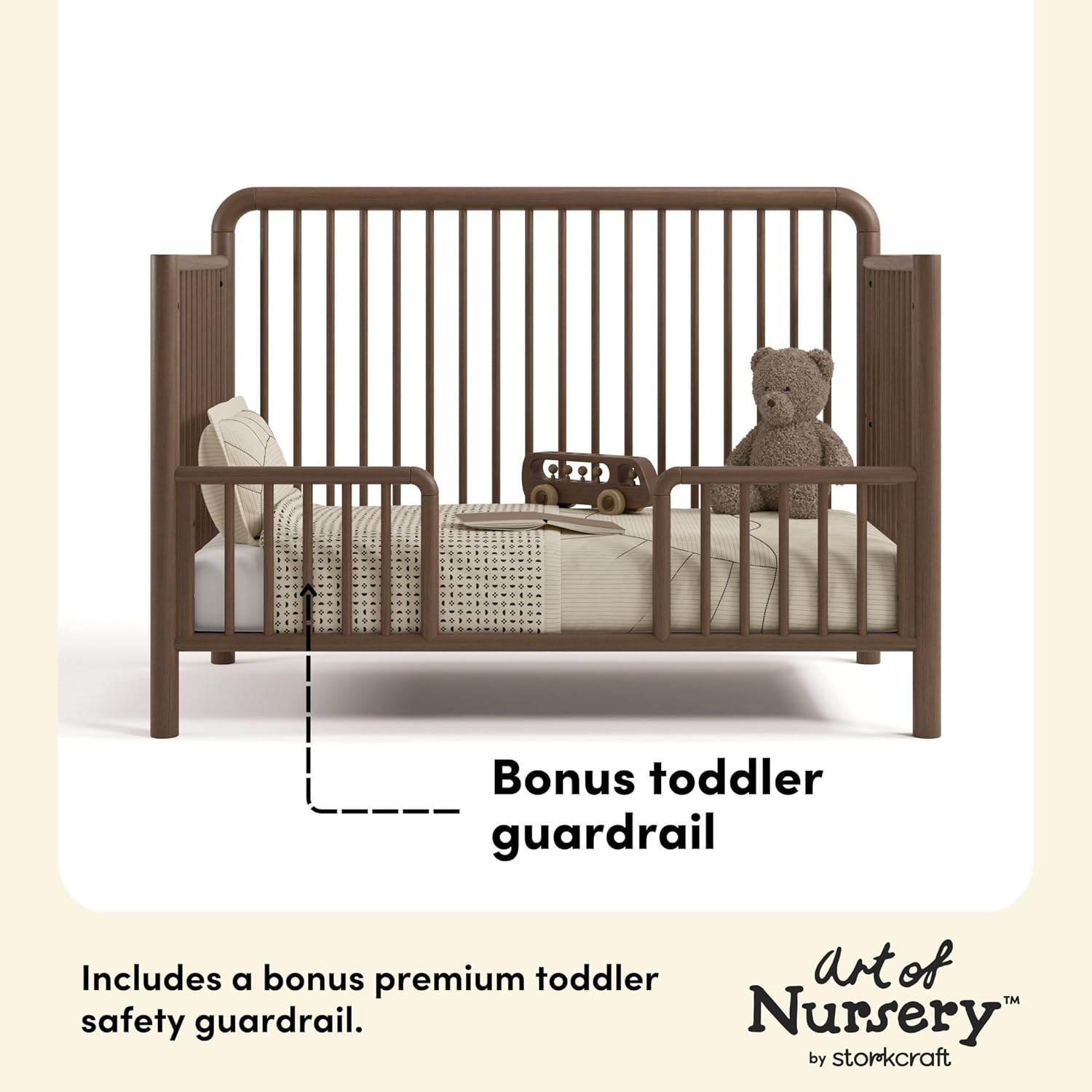Storkcraft Porto 5-in-1 Convertible Crib with Toddler Guardrail – GREENGUARD Gold Certified, Toddler Bed Conversion Kit Included, 100% Solid Wood, Fits Standard Baby Crib Mattress (Hazelnut)