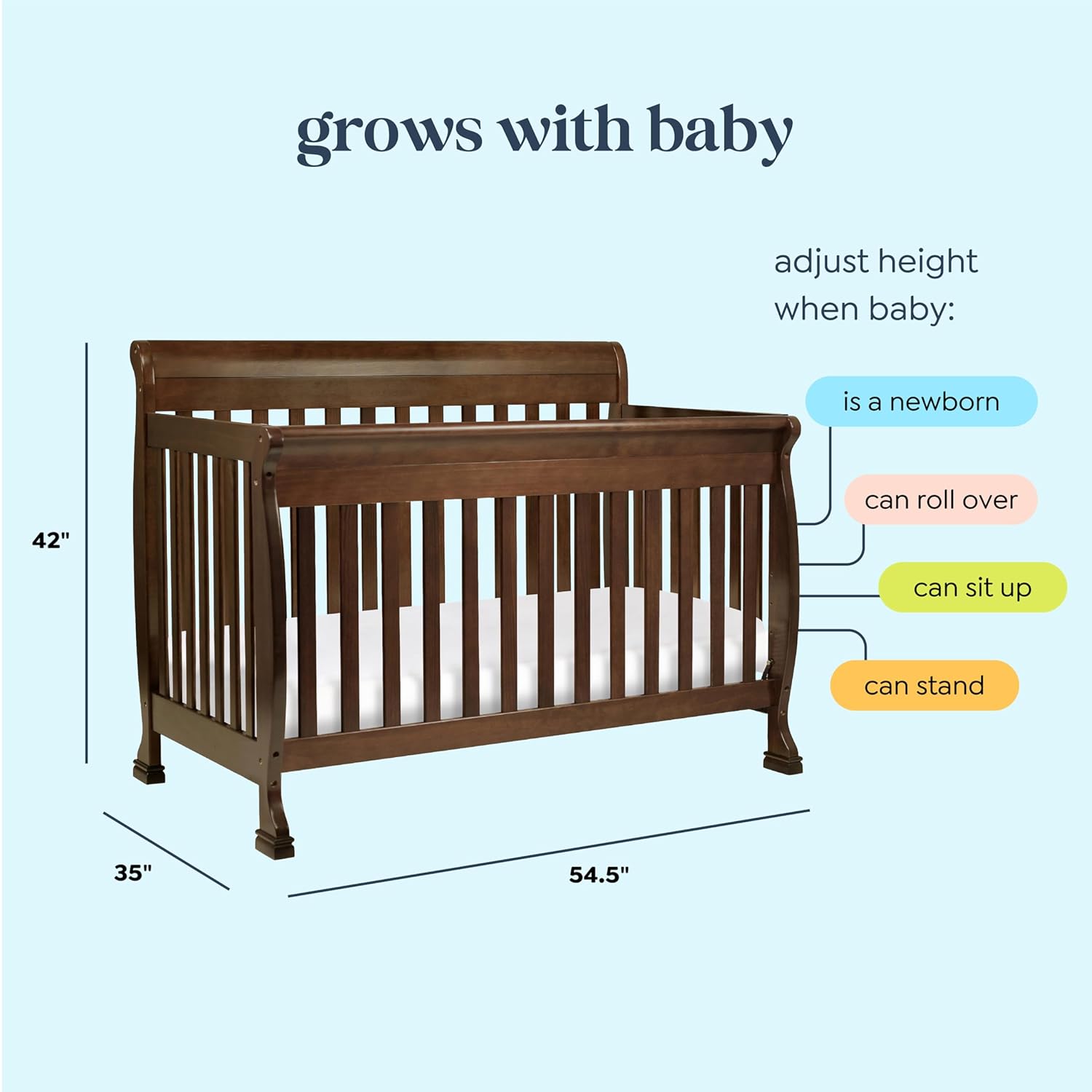 daVinci Kalani 4-in-1 Convertible Baby Crib - Strong, Easy to Assemble GREENGUARD Certified Crib - Convertible to Toddler Bed, Daybed, Full-Size Bed - Four Adjustable Mattress Heights - Espresso