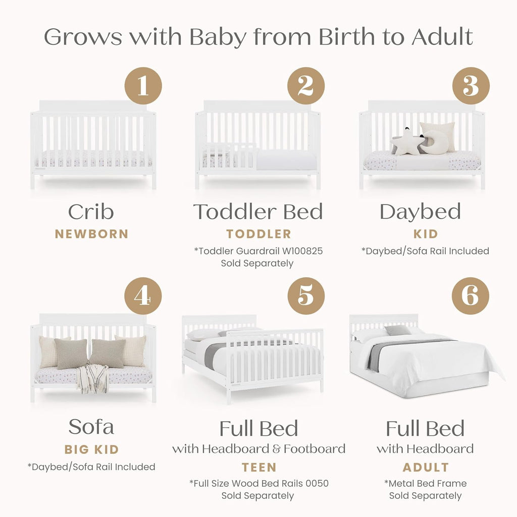 Delta Children Isabelle 6-in-1 Convertible Crib, Converts to Toddler Bed, Daybed, Sofa & Full Bed With/Without Footbaord, Fits Standard Crib Mattress, 3 Mattress Heights for Baby Nursery, Bianca White