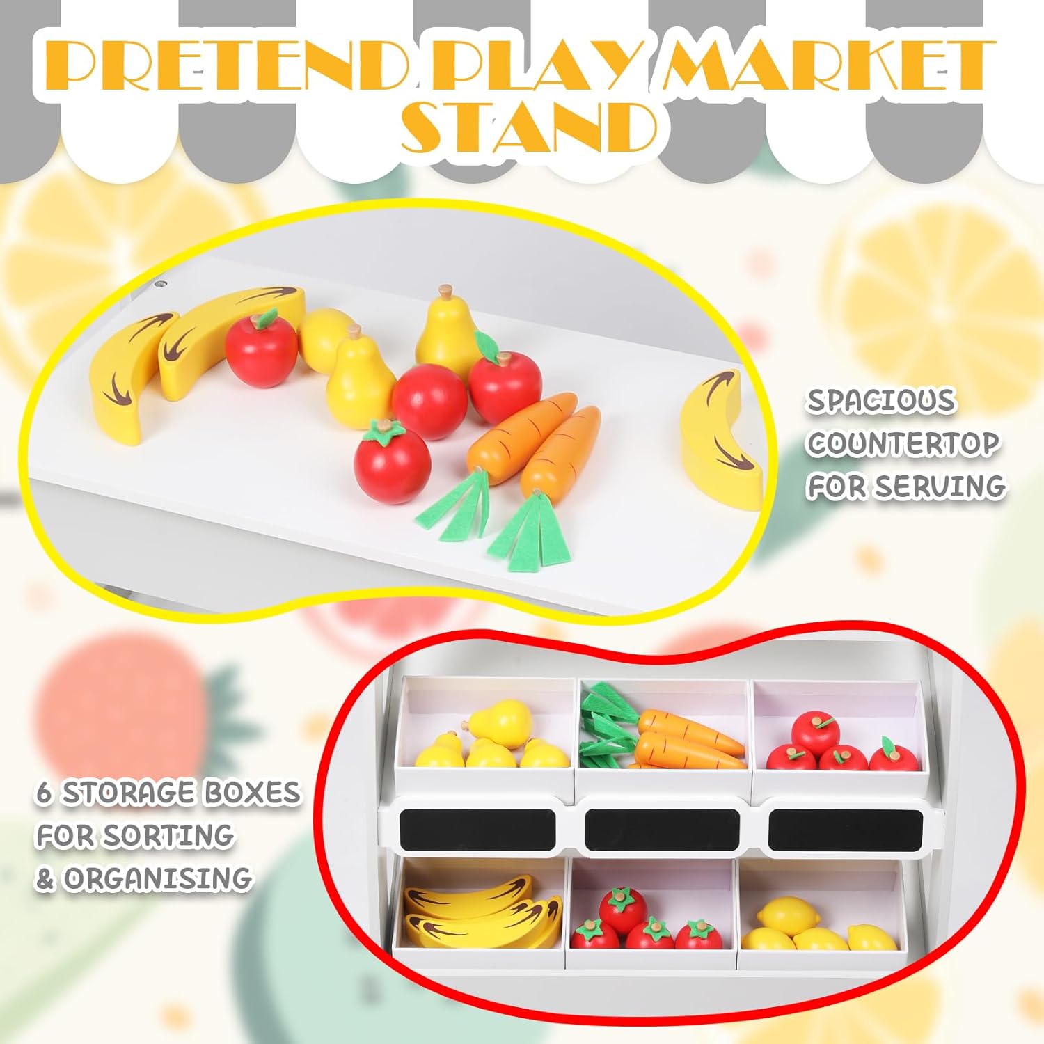 Wooden Market Stand Toy, Pretend Play Grocery Store Playset for Toddler, Fruit Vegetable Stand Selling Stall Shop with 24 PCS Food Accessories for Kids 3+