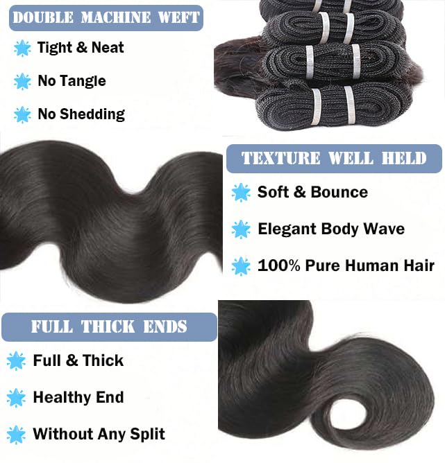 12A Bundles Human Hair Body Wave 4 Bundles 18 20 22 24 Inch Body Wave Bundles Human Hair Sew In Hair Extensions 100% Unprocessed Triple Lifespan Virgin No Tangle No Shedding