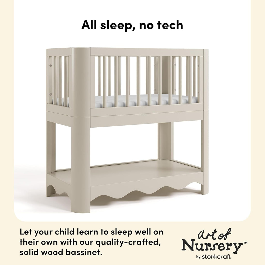 Storkcraft Casablanca 3-in-1 Convertible Bassinet – GREENGUARD Gold Certified Wood Baby Bassinet, Includes Water-Resistant Mattress, Converts to Toy Box and Bookcase (Frosted Oat)