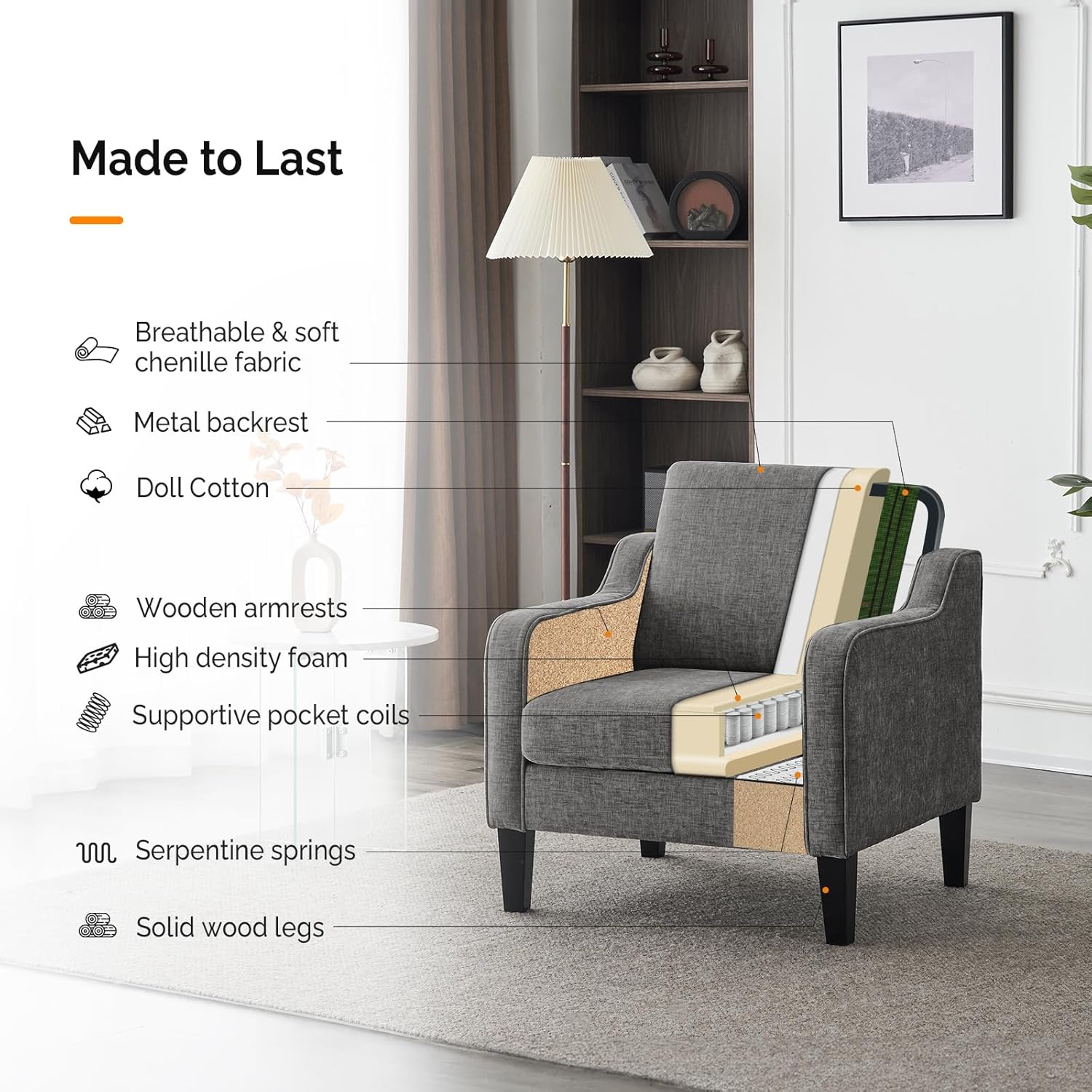 VINGLI Mid Century Modern Accent Chair - Soft Chenille Upholstered Comfy Armchair for Living Room, Bedroom, Home Office, Apartment, Studio (Light Grey)