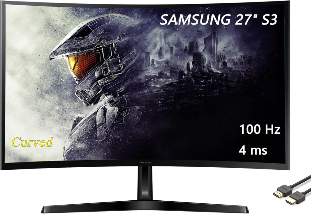 Samsung 27" Essential S3 Series 4K LED Curved Monitor, 1800R, Game Mode, 100Hz Refresh Rate, Dual Ports, Eye Comfort, Black, with HDMI Cable