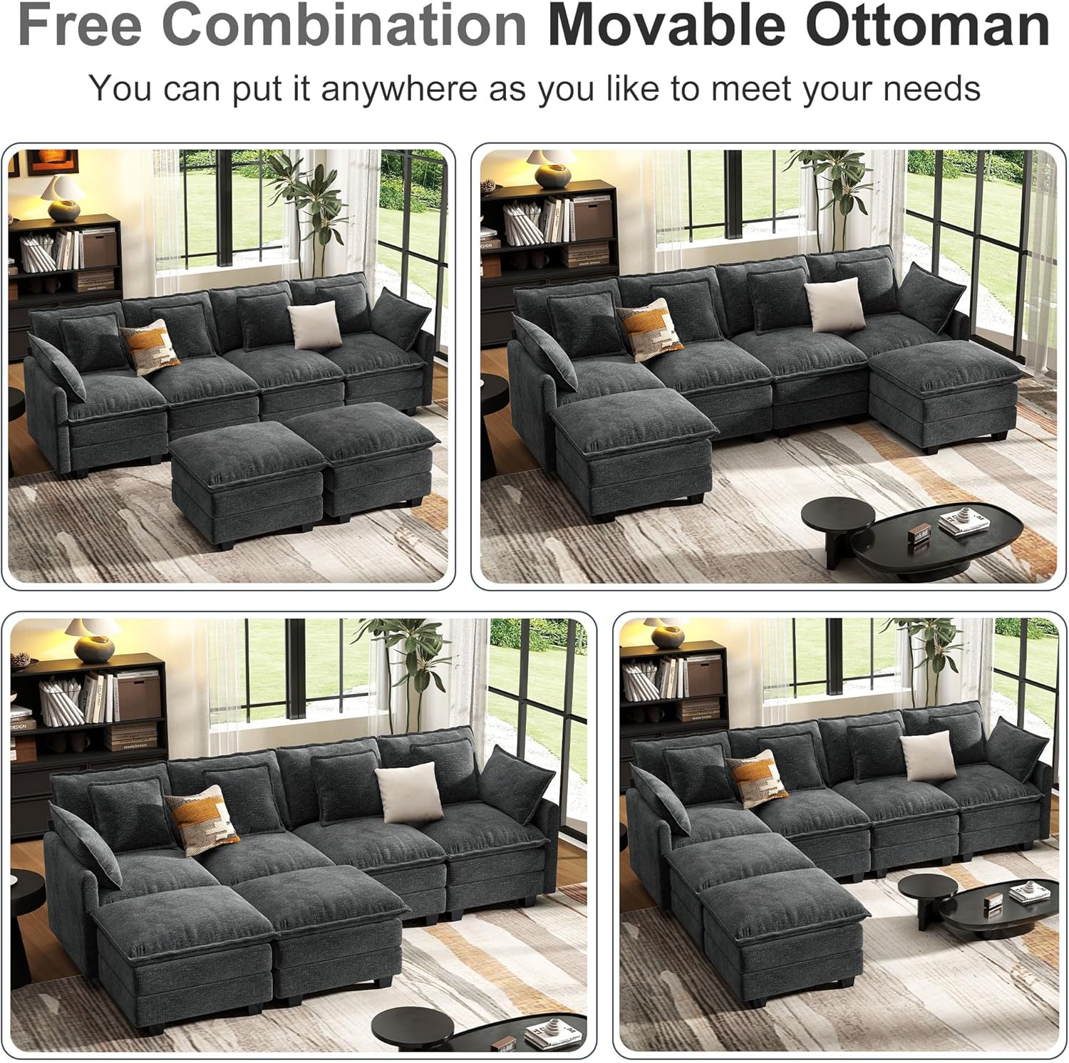 107" Cloud Couch Sectional, U Shaped Modular Sectional Sofa, 4-Seat Deep Seat Couch with 6 Removable Washable Pillows and 2 Ottoman for Living Room, Bedroom, Apartment, Black Grey
