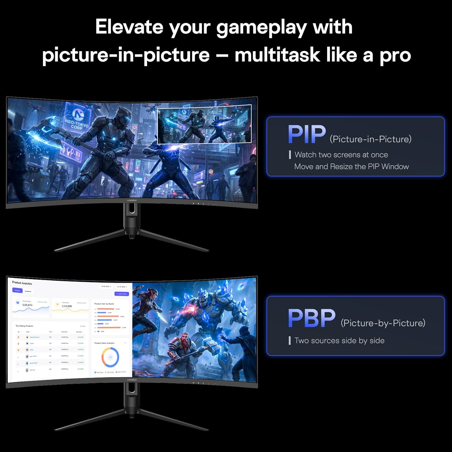 KOORUI 34 inch Ultrawide Curved Gaming Monitor 240Hz, PIP/PBP, 3440x1440P, 21:9 Display, 1500R Curvature. 1ms, Adaptive Sync, DP, HDMI, Vesa amoun,Support PS5,Computer Monitor G3441XC
