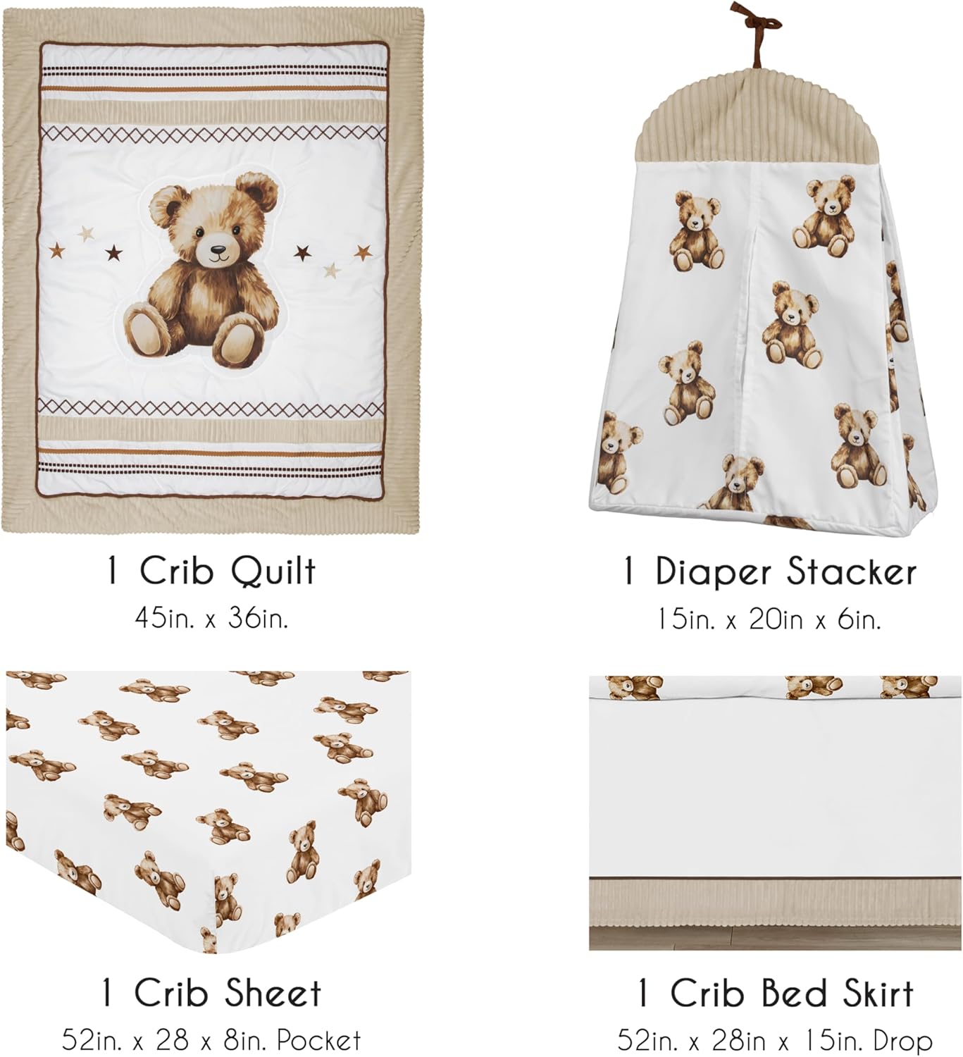 Sweet Jojo Designs 4-Piece Baby Crib Bedding Set (Boho Teddy Bear) for Boys/Girls, Infants/Nursery incl. Blanket, Fitted Sheet, Skirt, Diaper Stacker (Brown, Watercolor, Classic, Wholesome Aesthetic)