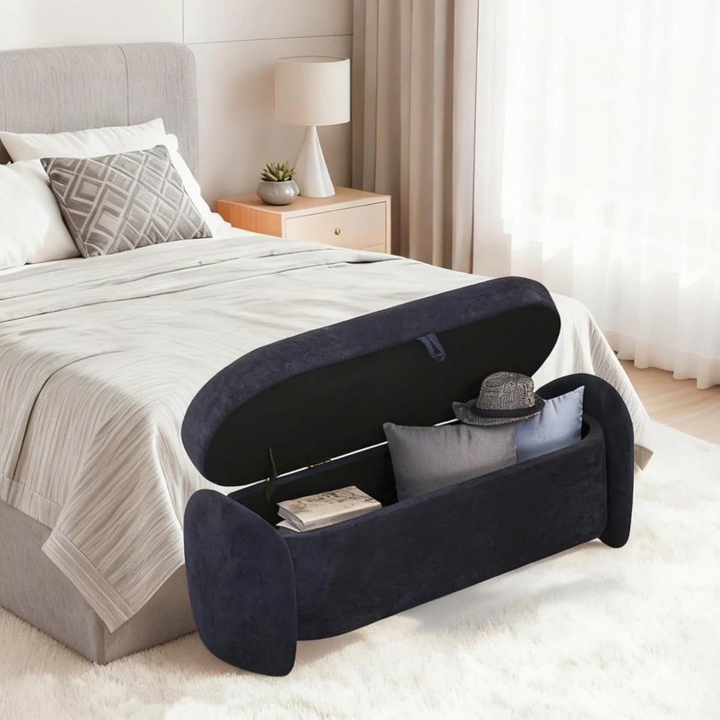 MCombo Linen Upholstered Ottoman with Hidden Storage, Padded Footstool Bench with Soft-Close Lid for Bedroom, Entryway & Living Room Décor, Model W713 (Dark Blue)