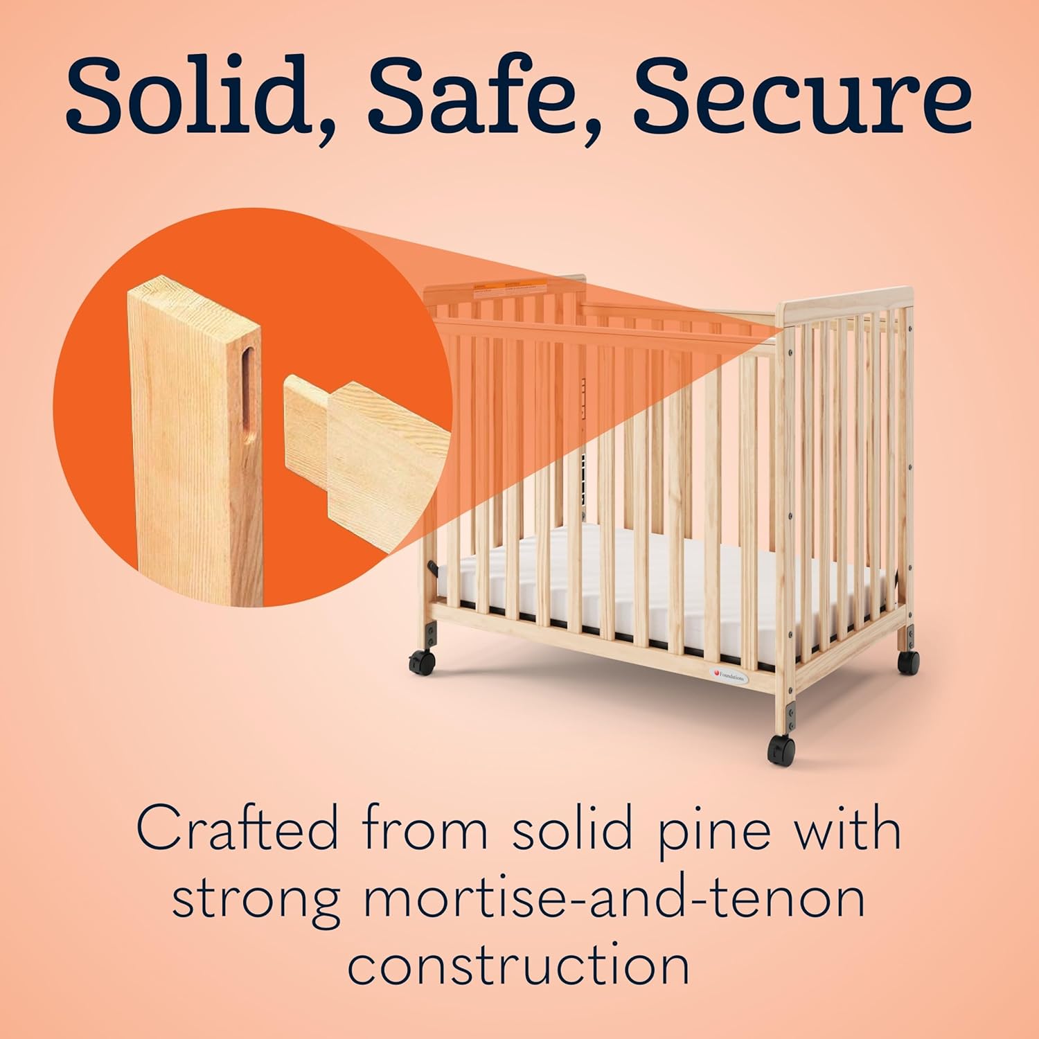 Foundations SafetyCraft Compact Slatted Daycare Crib, Durable Wood Construction, Non-Marking Casters (2 Locking), Includes 3” InfaPure Foam Mattress, Natural