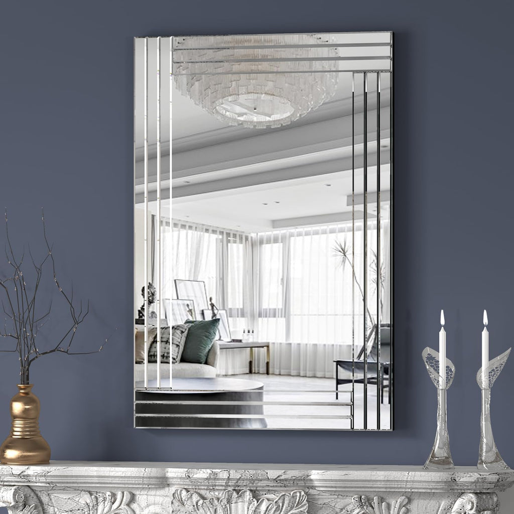 Decorative Accent Mirror-28 x20 Sliver Rectangle Wall Mirrors, Art Mirror for Wall with Glass Frame for Living Room, Dining Room, Bedroom, Bathroom and Entryway