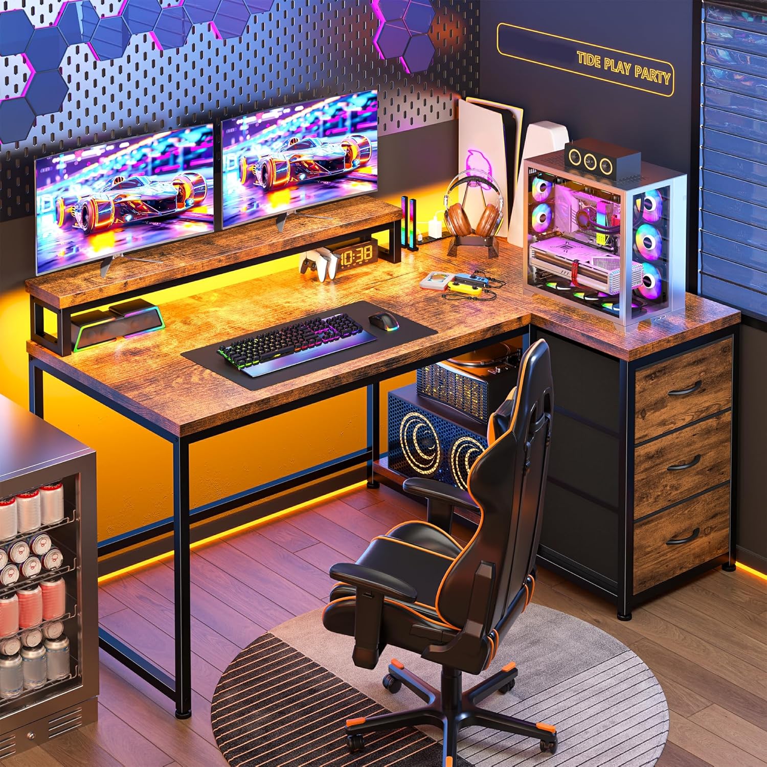 EnHomee 40''L Shaped Desk with 3 Drawers, Computer Desk with Monitor Stand, Small Gaming Desk with Power Outlet, Corner Desk with LED Lights for Gaming, Home Office, Study Room, Rustic Brown