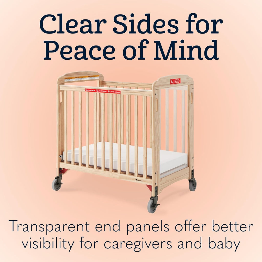 Foundations First Responder Evacuation Fixed-Side Daycare Crib, Features Clearview Panels, Includes Evacuation Frame, 4" Casters, and 3-inch Ultradurable Foam Mattress, Natural