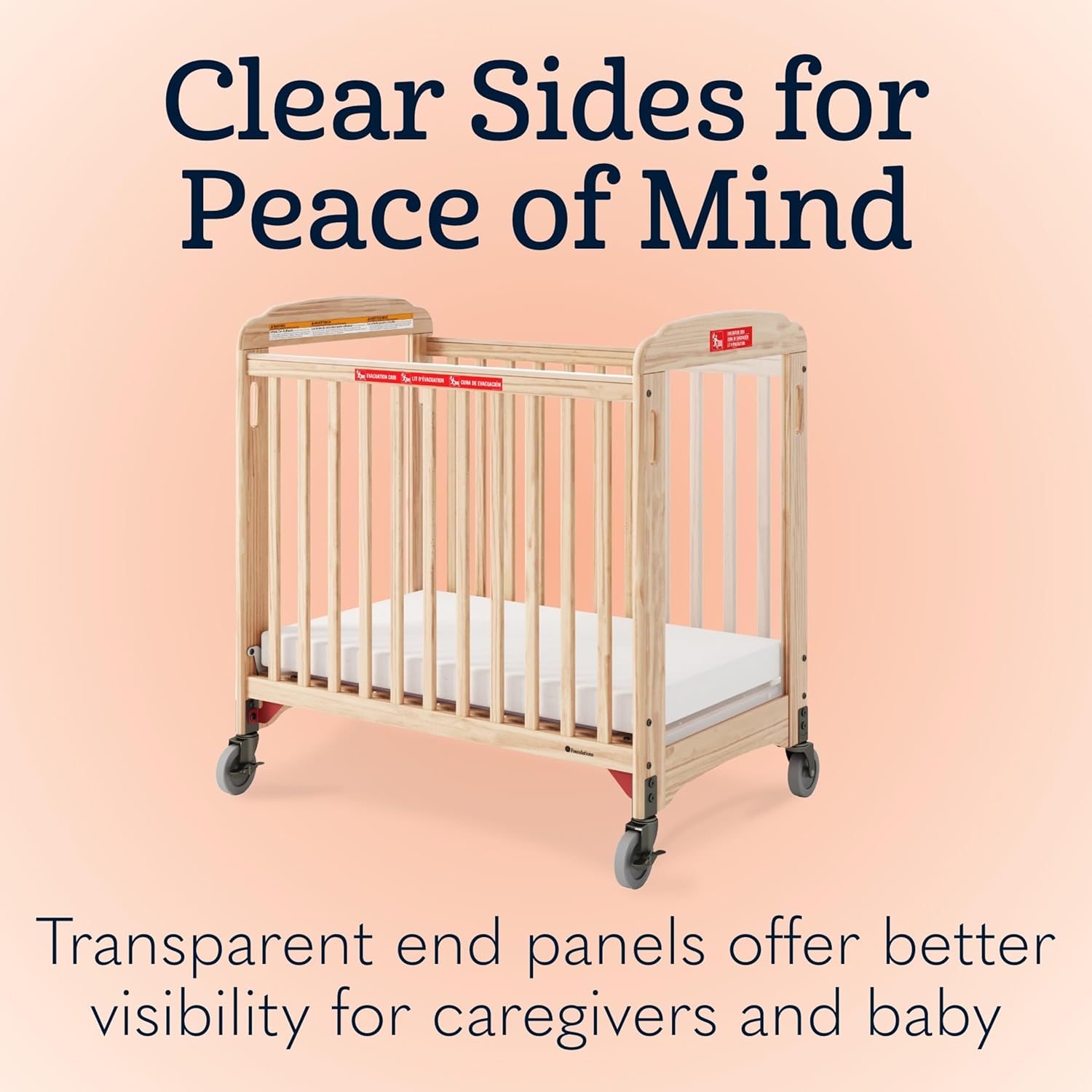 Foundations First Responder Evacuation Fixed-Side Daycare Crib, Features Clearview Panels, Includes Evacuation Frame, 4" Casters, and 3-inch Ultradurable Foam Mattress, Natural