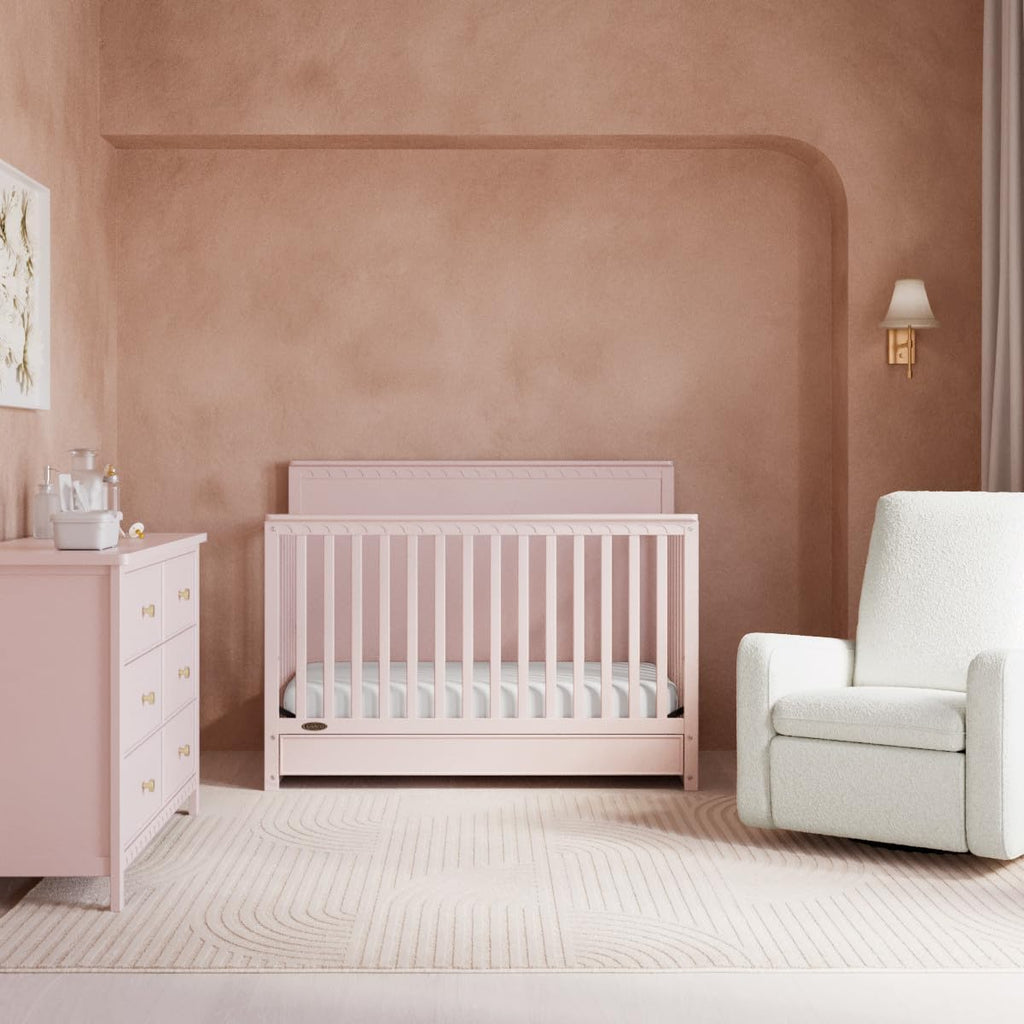 Graco Sasha 5-in-1 Convertible Crib with Drawer – GREENGUARD Gold Certified Wood Crib, Converts to Toddler Bed, Daybed, Full-Size Bed, Stylish Classic Design (Blush)
