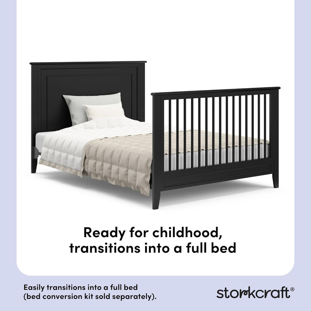 Storkcraft Solstice 5-In-1 Convertible Crib – GREENGUARD Gold Certified, Converts to Toddler Bed and Full-Size Bed, Fits Standard Full-Size Crib Mattress, Adjustable Mattress Support Base (Black)