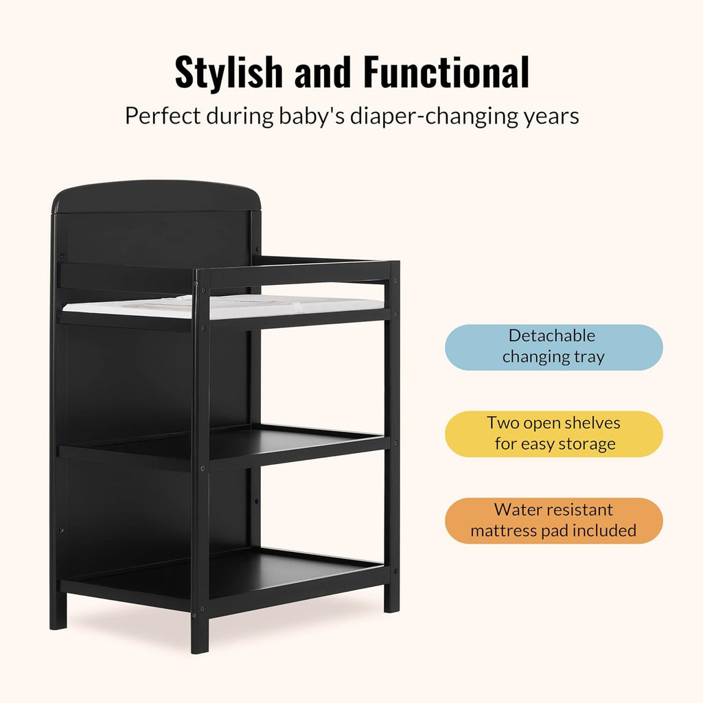 Dream On Me Anna 3-in-1 Convertible Full-Size Baby Crib & Changer with Storage in Black, GreenGuard Gold & BSA, Pinewood, Converts to Day & Toddler Bed, 3 Mattress Heights, 1″ Changing Pad
