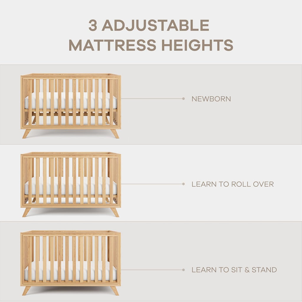 Comfy Cubs Baby Crib for 0 to 3 Years - Adjustable Mattress Height, Natural Wooden Crib for Baby, Elegant Nursery Furniture, Designed in The US - 80 lbs Capacity Nursery Bed - Natural Wood