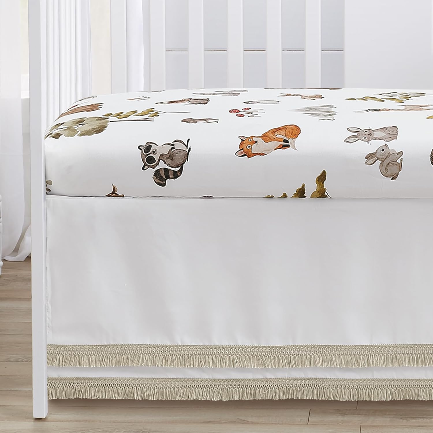 Sweet Jojo Designs 4-Piece Baby Crib Bedding Set (Woodland Animals) for Boys or Girls, Infants/Nursery incl. Blanket, Fitted Sheet, Skirt, Diaper Stacker (Neutral Theme, Forest Animal, Bear, Hedgehog)