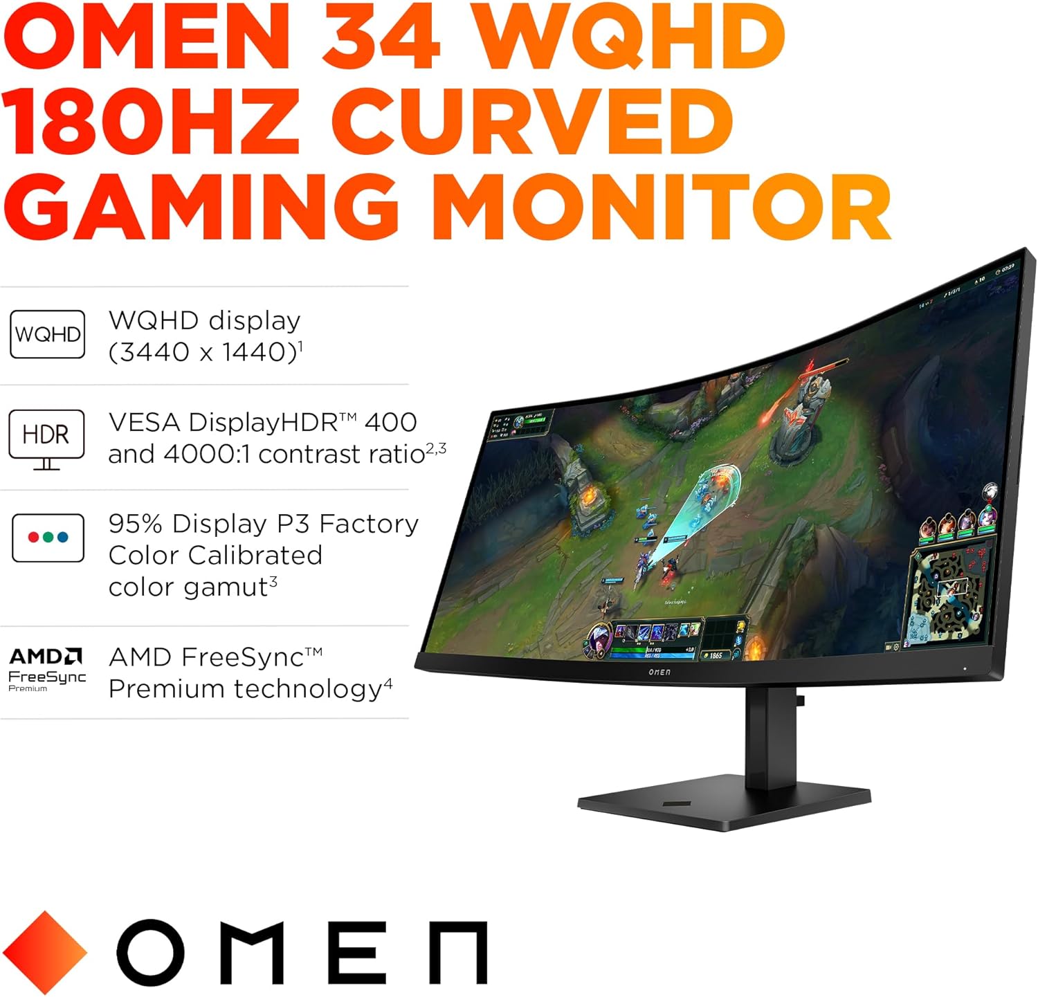 HP OMEN 34 inch WQHD 180Hz Curved Gaming Monitor, Wide QHD Display (3440 x 1440), VA Panel, VESA DisplayHDR 400, 1ms MPRT (with Overdrive), AMD FreeSync Premium Technology, Black, OMEN 34c G2 (2025)