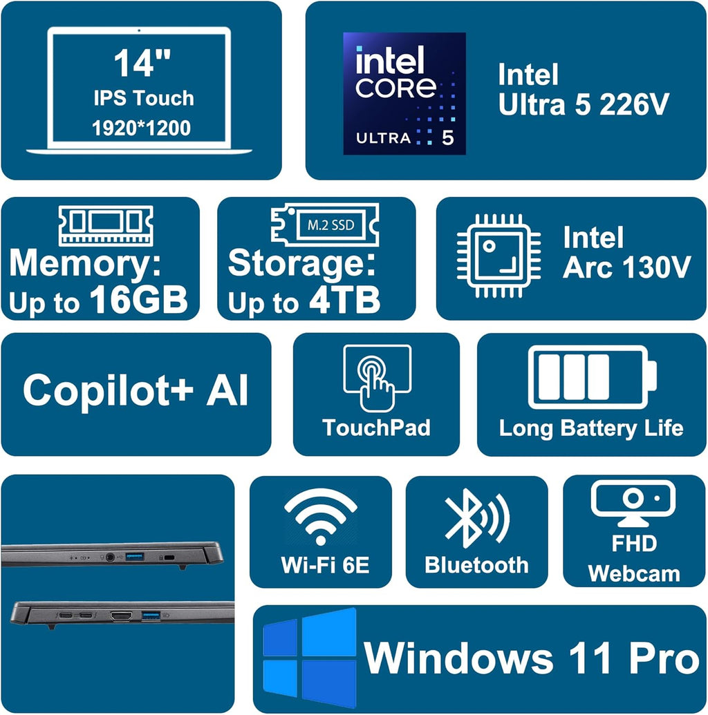 acer Aspire 14 AI Portable Laptop 14" WUXGA Matte Touch Intel 8-core Ultra 5 226V (Up to 40 NPU Tops - Up to 53 GPU Tops) 16GB RAM 2TB SSD for Creator Business Work Win11Pro ICP Hub