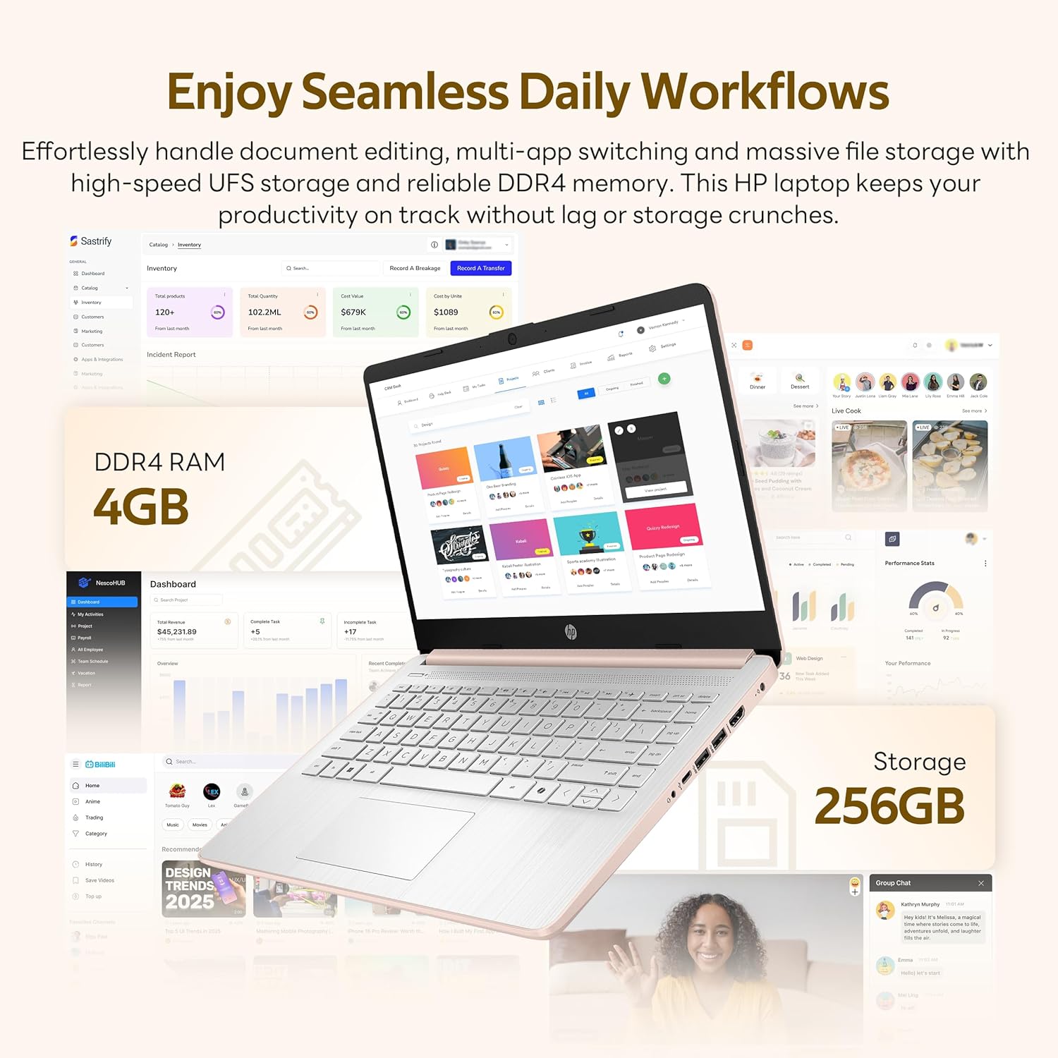 HP Flagship 14" HD Student&Business Laptop with AI Copilot, 13th Gen Intel 4-Core, 4GB RAM, 256GB Storage (128GB UFS + 128GB Docking Station), 1 Year Office 365, 720p Webcam, Win 11, Pale Rose Gold