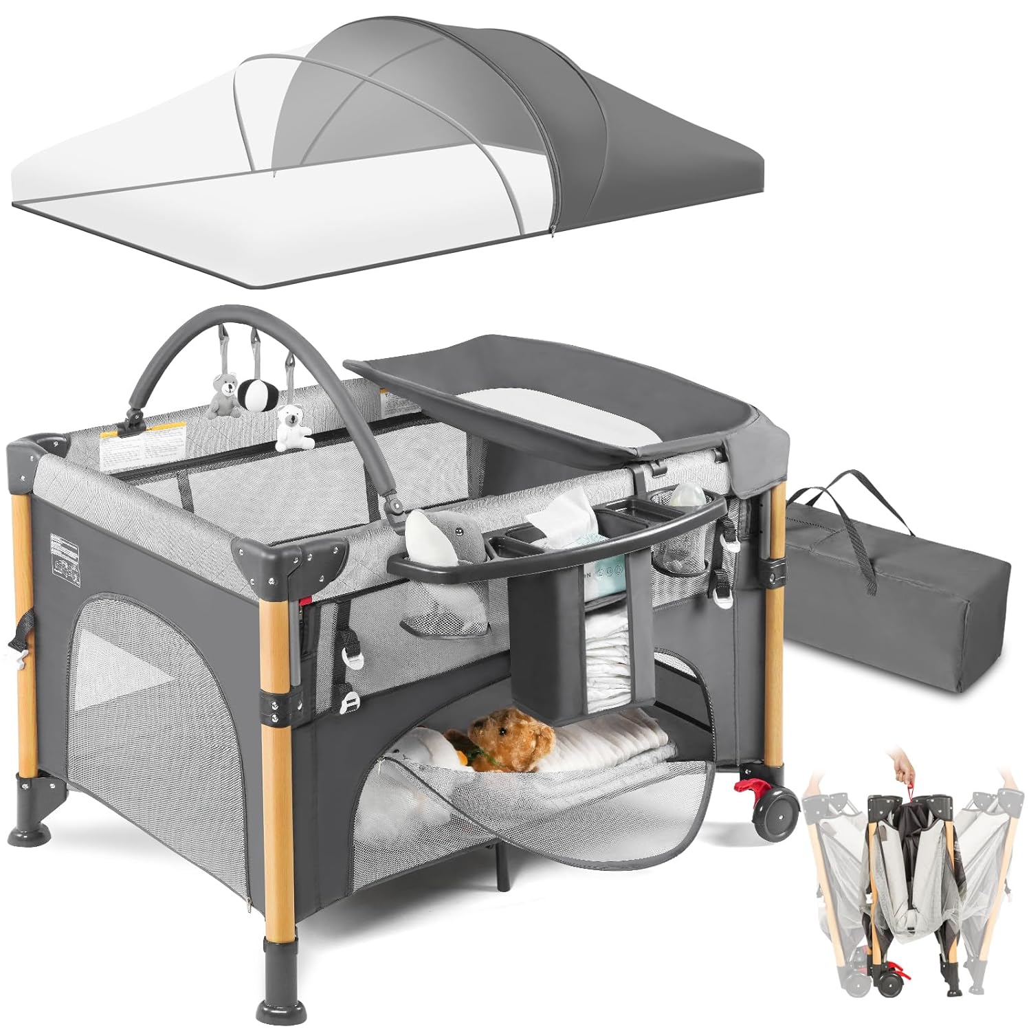 Baby Bassinet Bedside Crib with One-Hand Setup 5-in-1 Foldable Pack n Play for Travel, Portable Baby Bassinet with Diaper Changer & Adjustable Mattress for Newborn to Toddler (Grey)