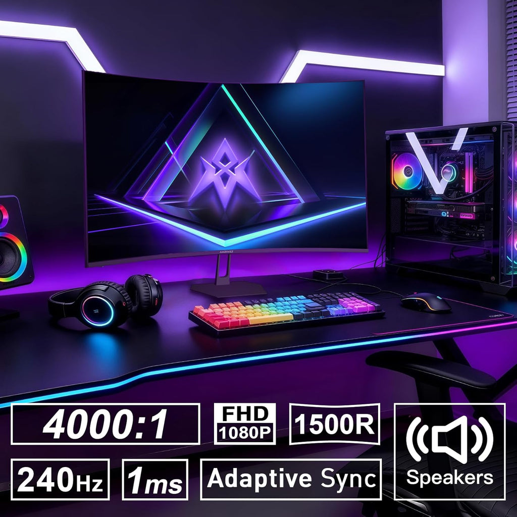 Amzfast 27 inch 240Hz Curved Monitor, FHD 1080p Gaming Monitor, Built-in Speakers, FreeSync, MPRT 1ms, 130% sRGB, 4000:1, 1500R, VESA Mount, HDMI 2.0&DP 1.4, 12 Months Warranty Exchange