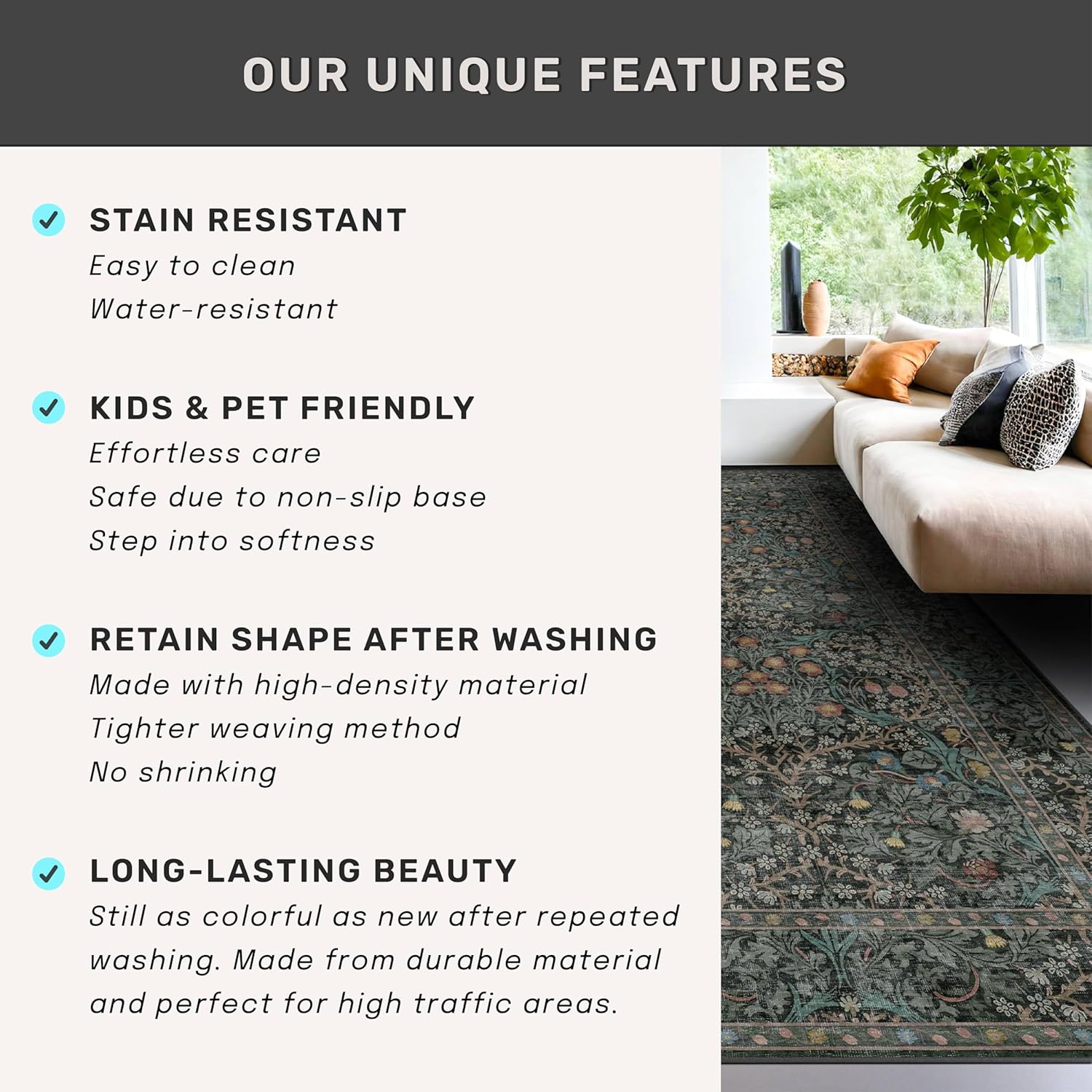 Vintage Dark Green Living Room Rug, 8x10 Washable Area Rugs for Dining Room Under Kitchen Table, Bedroom, Oriental Low Pile Stain Resistant Non-Slip Large Carpet (8x10 Dark Green)