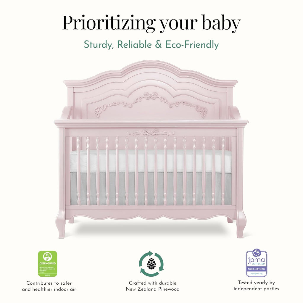 Evolur Aurora 5-in-1 Convertible Full-Size Baby Crib in Dusty Rose, 3 Mattress Heights, Ribbon Bow Scrollwork & Queen Anne Feet, Converts to Toddler, Day & Full-Size Bed