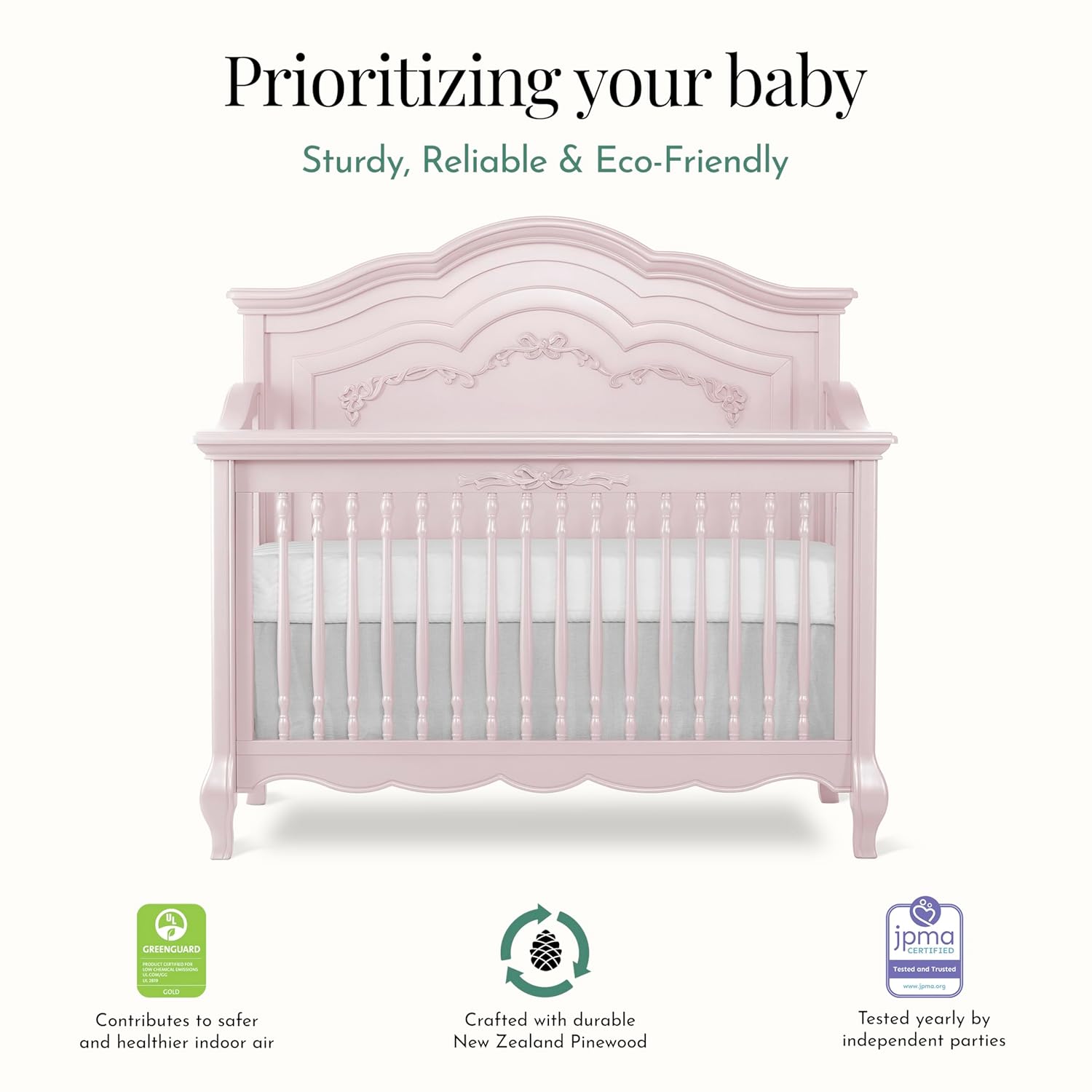 Evolur Aurora 5-in-1 Convertible Full-Size Baby Crib in Dusty Rose, 3 Mattress Heights, Ribbon Bow Scrollwork & Queen Anne Feet, Converts to Toddler, Day & Full-Size Bed