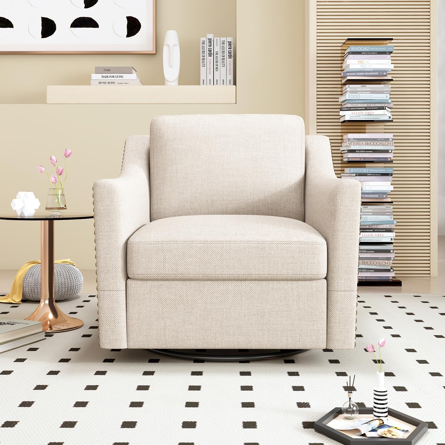 Swivel Accent Chair Set of 2, Modern Comfy Linen Upholstered Barrel Armchair with Nailhead Decor and Metal Base, Soft Oversized Round Chair for Living Room, Bedroom, Club (2, Beige)