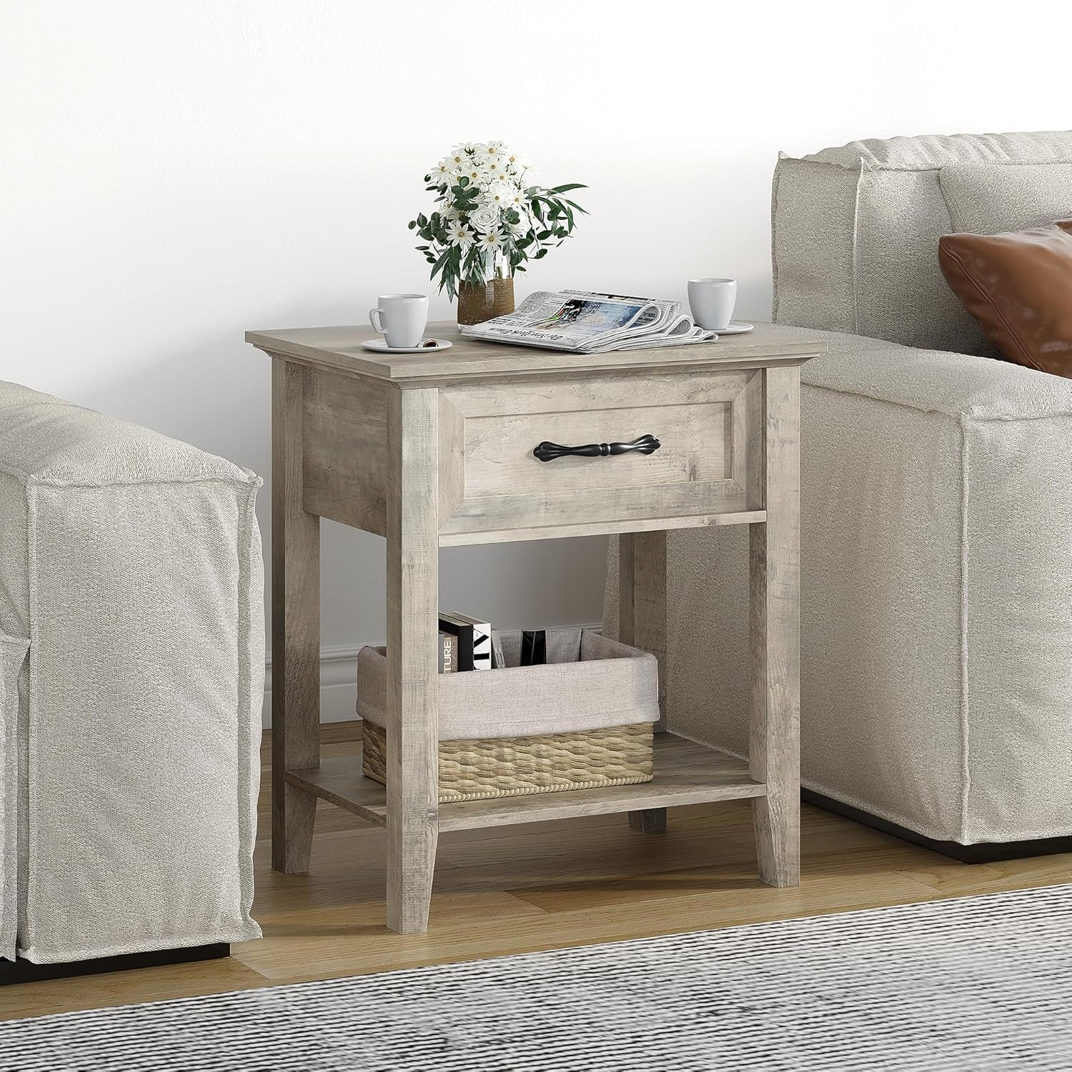 IDEALHOUSE Grey Nightstands Set of 2, End Table with Drawer, Side Table for Spaces, 2 Tiers Storage Shelves with Dresser, Bedside Table for Living Room, Bedroom, Dorm (2pcs-Grey)