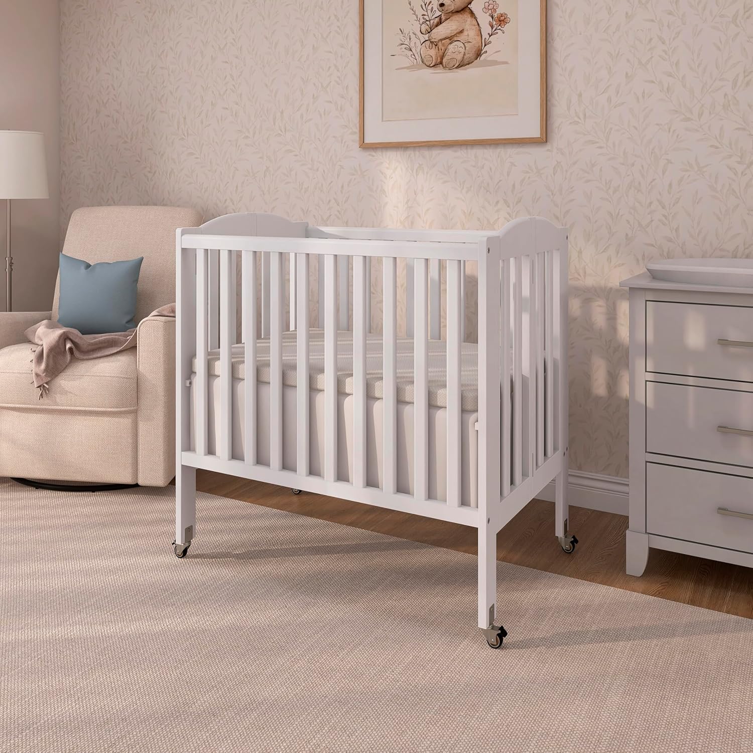 Dream On Me 2-in-1 Portable Mini Crib, Non-Full Size Baby Crib for Small Spaces, 2 Mattress Heights, Compact Travel Design, Includes Mattress, GREENGUARD Gold & BSA Certified, White