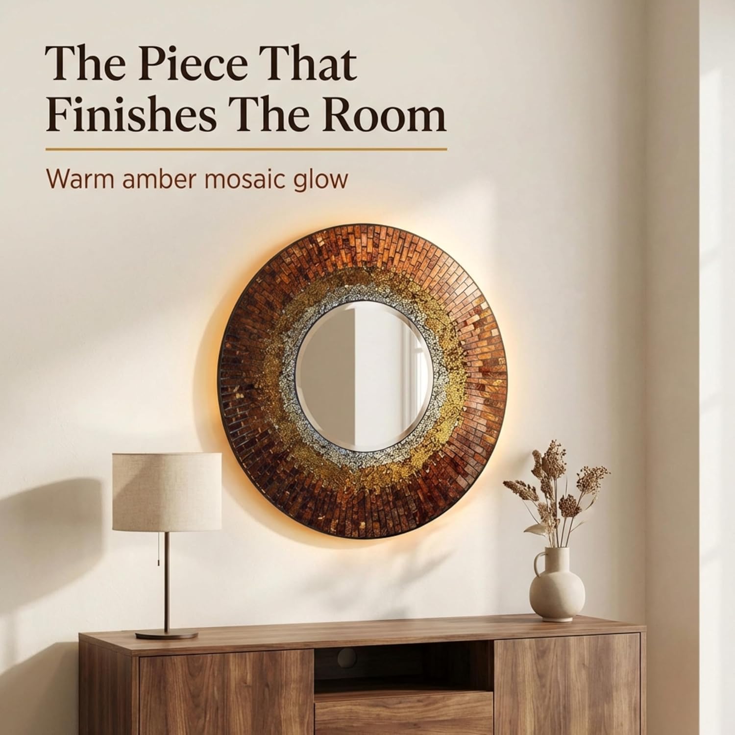 Lulu Decor, Baltic Amber Mosaic Wall Mirror, Decorative Handmade Beveled Round Mirror 23.50" (LP301)