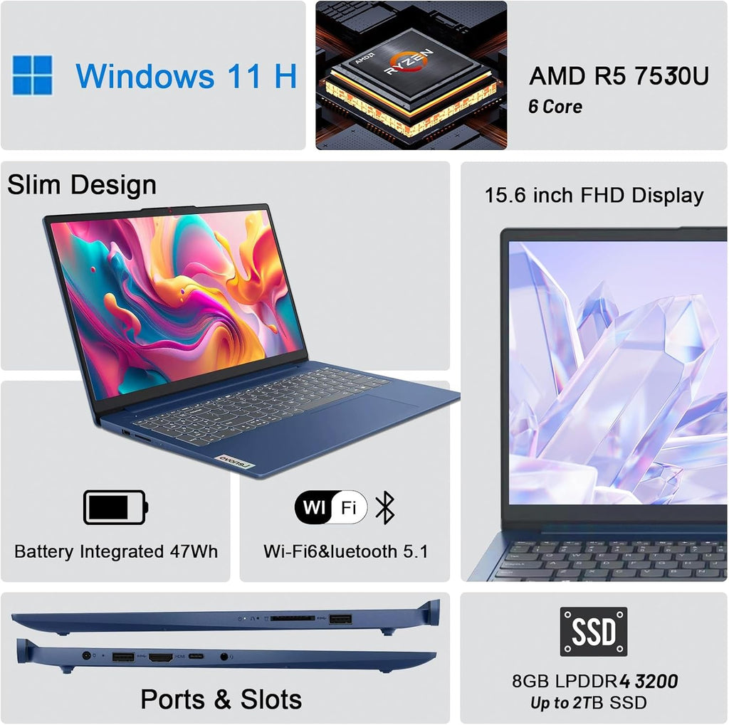 Lenovo Ideapad 3 15.6" Touchscreen Laptop, AMD Ryzen 5 7530U(Beats i7-9850H), 15.6'' FHD Touch Display, 8GB RAM, 1TB SSD M.2 PCIe, Wi-Fi 6, Backlit Keyboard, Windows 11 Pro, Abyss Blue