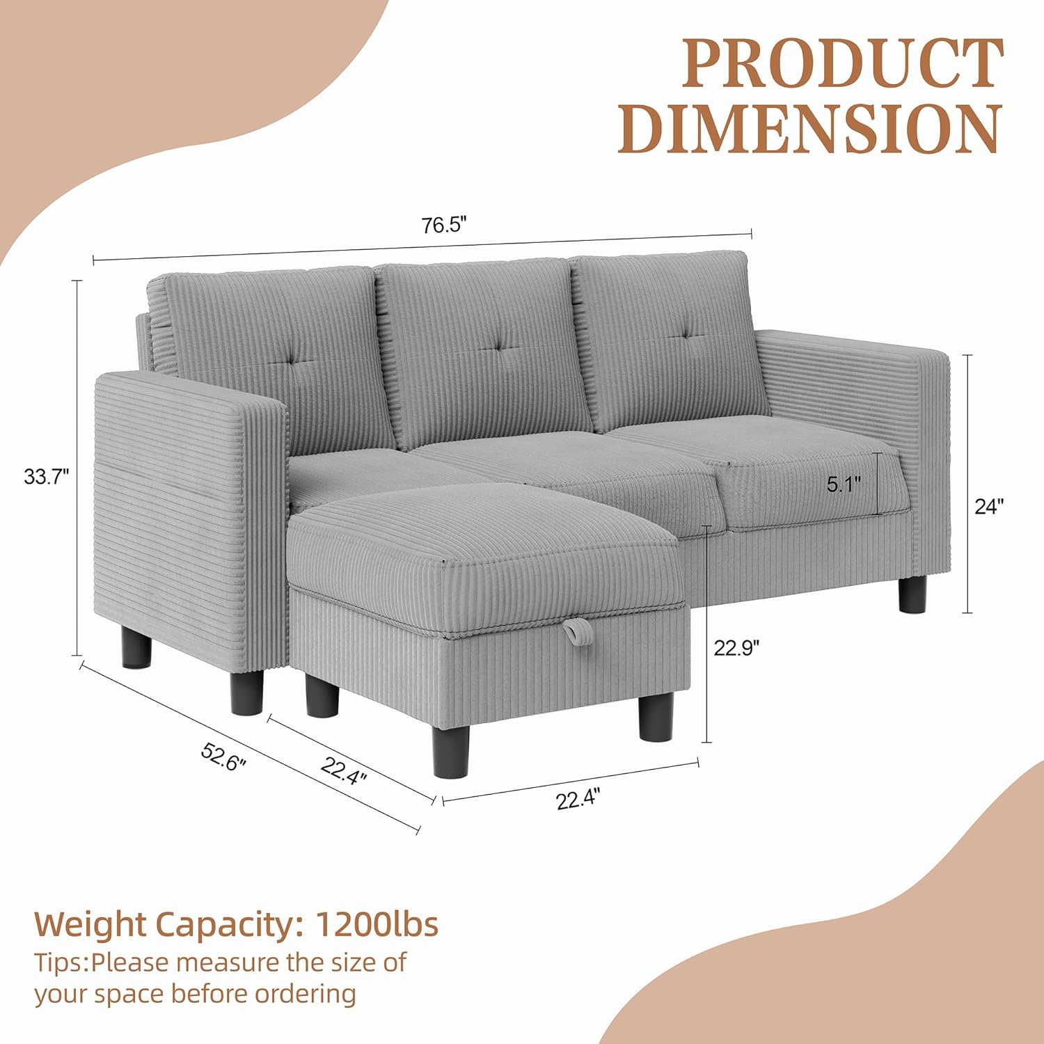 Shintenchi 76" Modern Upholstered Sectional Sofa, L-Shaped Couch with Storage Ottoman and Reversible Chaise for Living Room, Off-Grey Corduroy Fabric