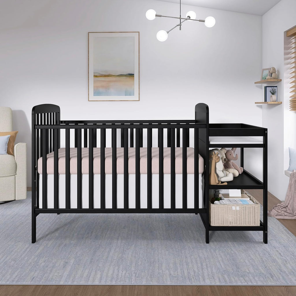 Dream On Me Anna 3-in-1 Convertible Full-Size Baby Crib & Changer with Storage in Black, GreenGuard Gold & BSA, Pinewood, Converts to Day & Toddler Bed, 3 Mattress Heights, 1″ Changing Pad