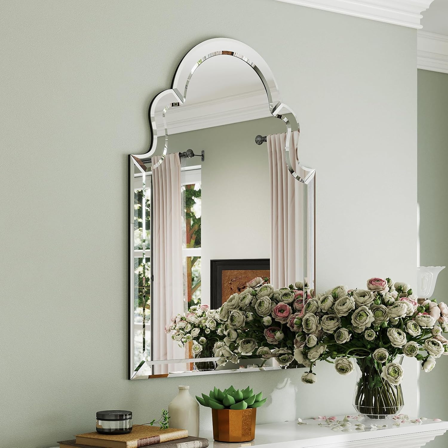 Large Arched Mirror Wall Decor, 39.4"x27.6" Scalloped Decorative Wall Mirror with Beveled Glass Frame, Bathroom, Bedroom, Living Room, or Entryway