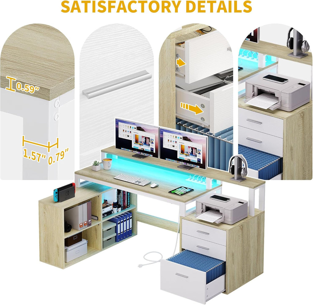 DWVO L Shaped Desk with Drawers, 65" Computer Desk with Power Outlets & LED Lights, Corner Home Office Desk with Storage Shelves & Printer Stand, White & Oak