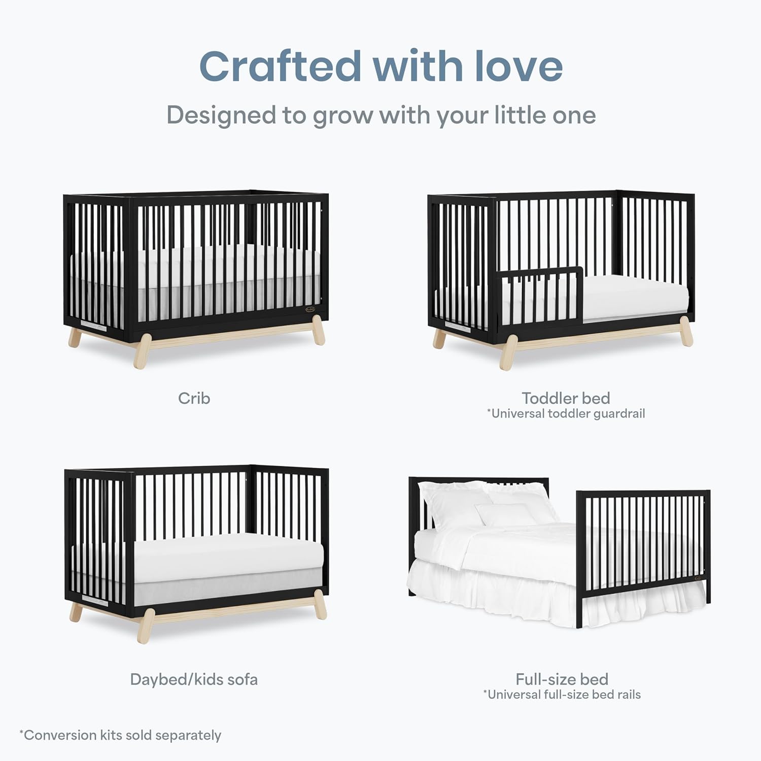 Dream On Me Hygge 5-in-1 Convertible Full-Size Baby Crib in Matte Black Vintage, GreenGuard Gold & BSA, Converts to Toddler, Day & Full-Size Bed, Adjustable Mattress Heights, Modern Nursery