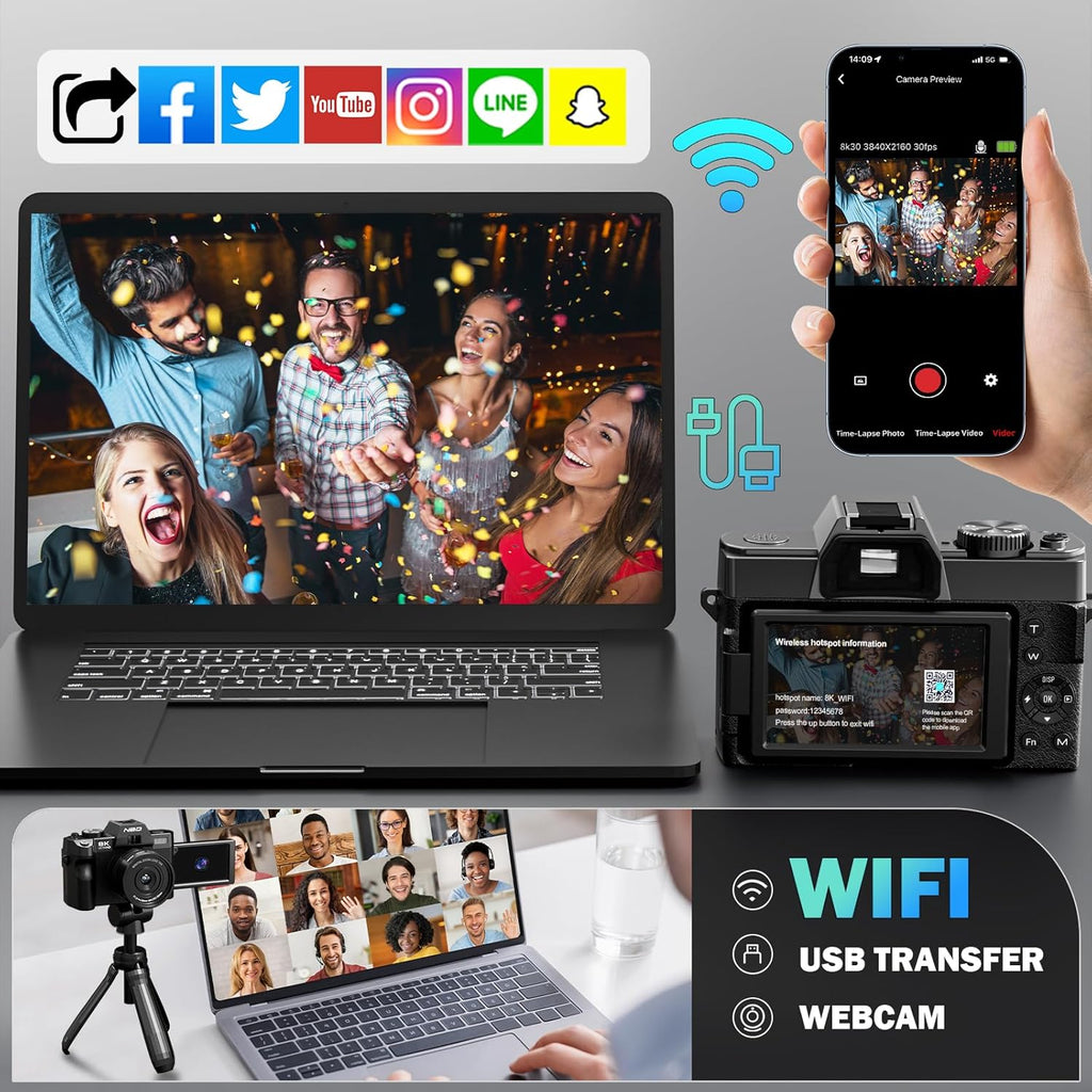 True 8K Digital Cameras for Photography 64MP - WiFi, Wide-Angle & Macro Lens, 16X Zoom Autofocus, 3" 180° Flip Screen, 64GB Card, Vlogging Camera for YouTube Travel(Black)
