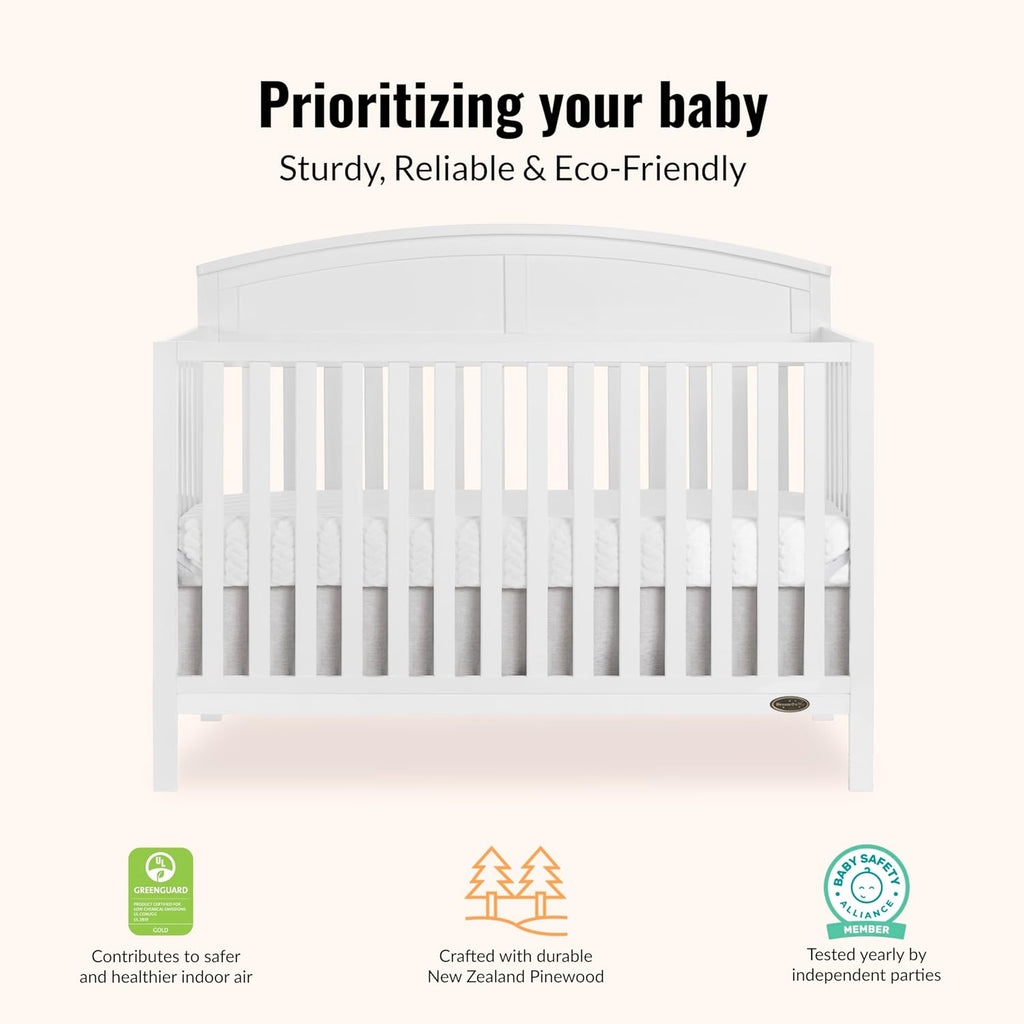 Dream On Me Storybrooke 5-in-1 Convertible Full-Size Baby Crib, GreenGuard Gold & BSA Certified, Convert to Toddler, Day & Full-Size Bed Sustainable Pinewood, 3 Mattress Height Settings - White