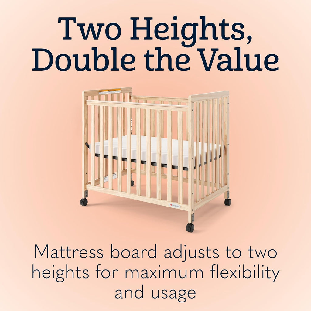 Foundations SafetyCraft Compact Slatted Daycare Crib, Durable Wood Construction, Non-Marking Casters (2 Locking), Includes 3” InfaPure Foam Mattress, Natural