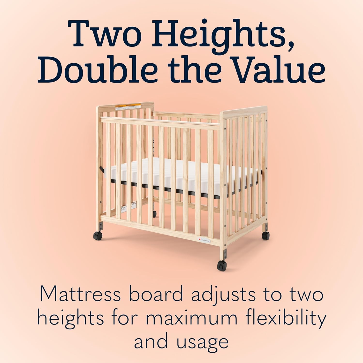 Foundations SafetyCraft Compact Slatted Daycare Crib, Durable Wood Construction, Non-Marking Casters (2 Locking), Includes 3” InfaPure Foam Mattress, Natural