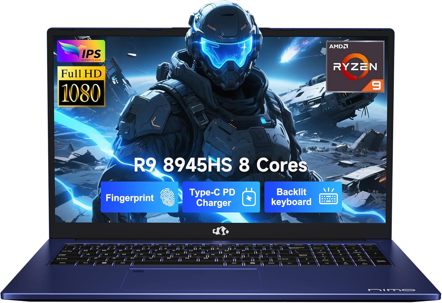 NIMO 17.3 Gaming-Laptop Ryzen 9 8945HS (Beat i9-13900H, Up to 5.2GHz) 16GB RAM, 1TB SSD, Radeon 780M, PD 100W Type-C AI-Enhanced for Copilot VR Ready, 75W Battery, Backlit Keyboard, Fingerprint