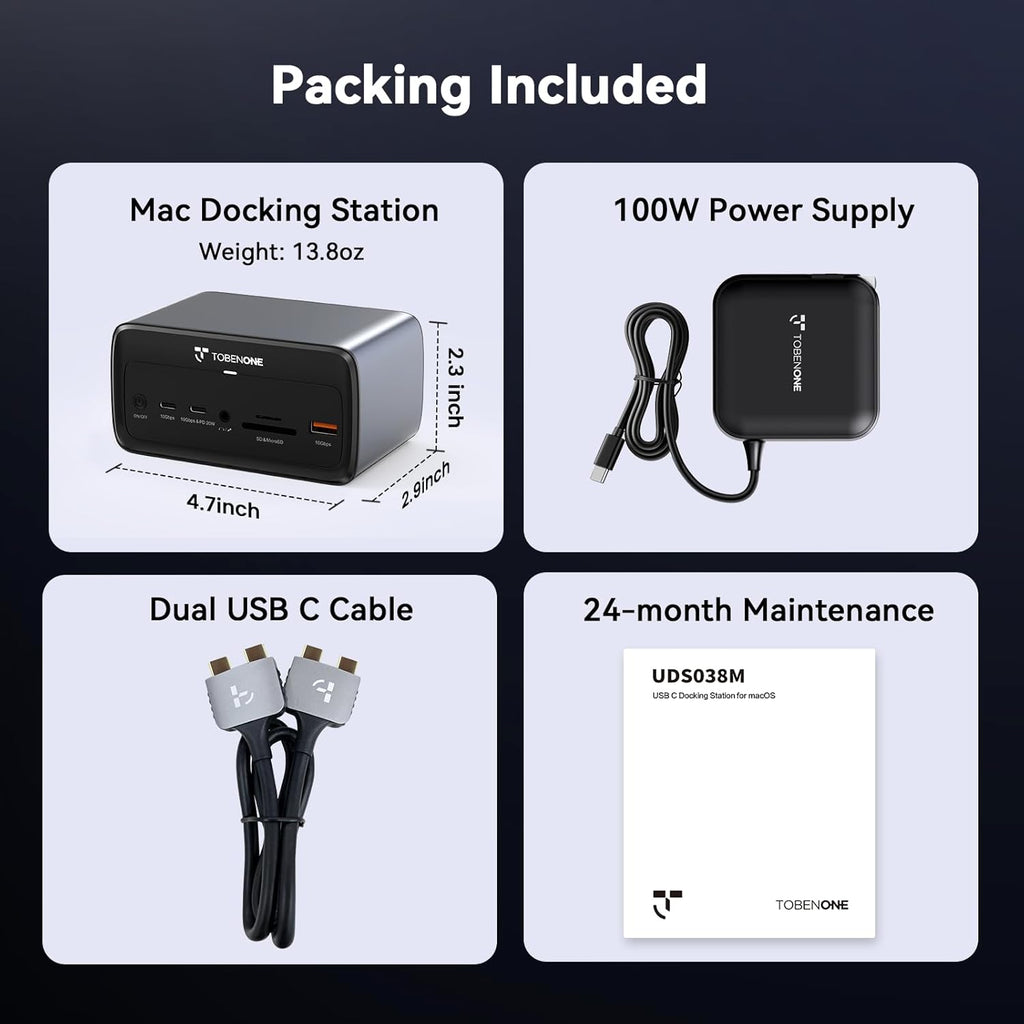 TobenONE MacBook Docking Station Dual 4K@60Hz, 16-in-2 USB C Docking Station with 2 HDMI Ports, 7 USB Ports, 100W GaN Power Supply & 20W Charging, 2.5Gbps Ethernet, for Home & Office