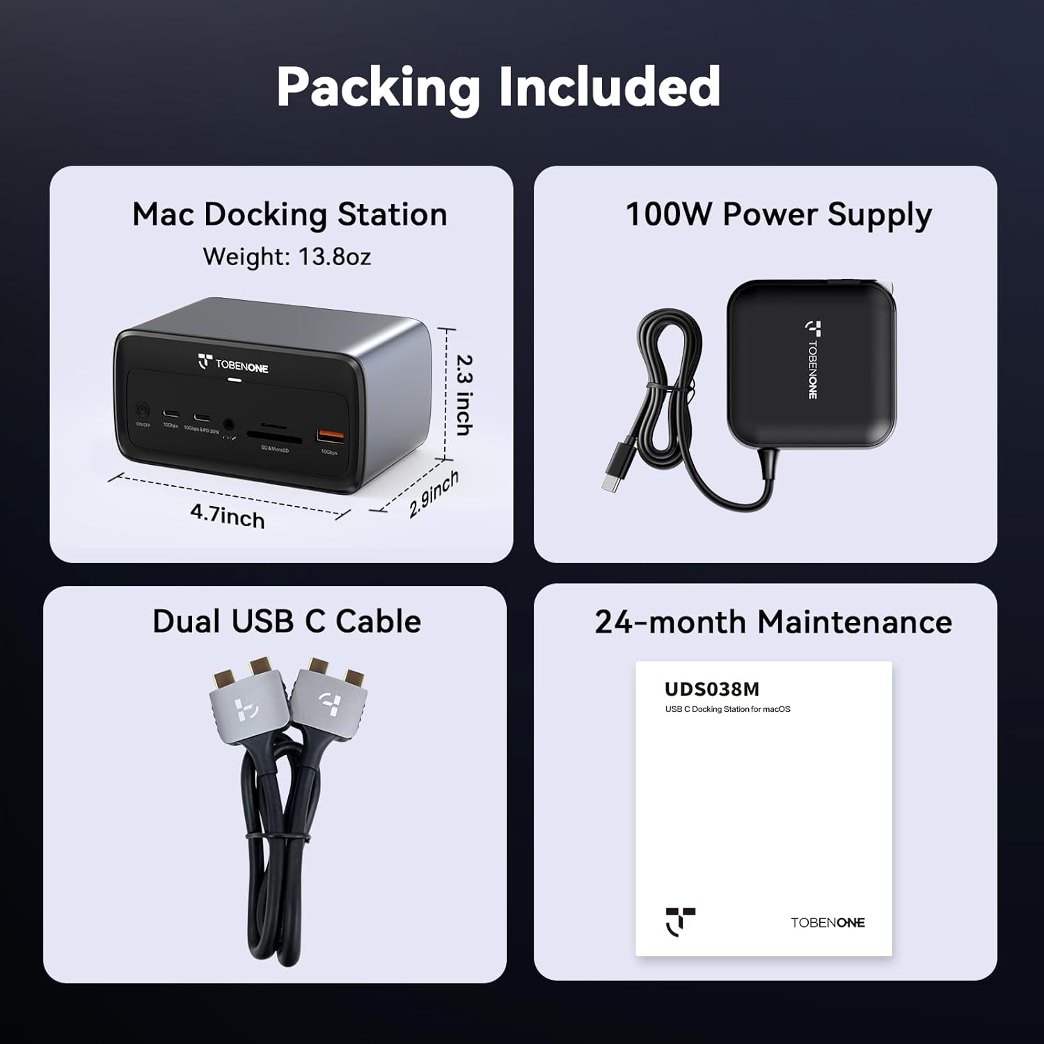 TobenONE MacBook Docking Station Dual 4K@60Hz, 16-in-2 USB C Docking Station with 2 HDMI Ports, 7 USB Ports, 100W GaN Power Supply & 20W Charging, 2.5Gbps Ethernet, for Home & Office