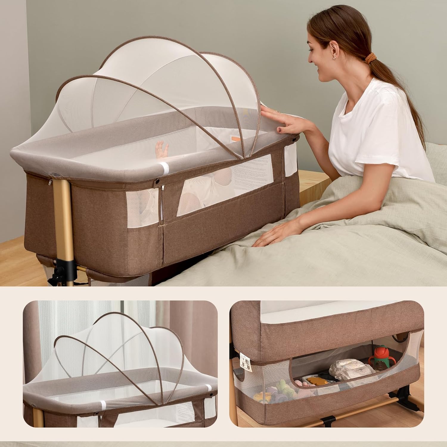 Soobaby 3 in 1 Baby Crib, Bassinet Bedside Crib Adjustable Portable Bed for Infant,Baby Newborn Must Have Bed,Khaki
