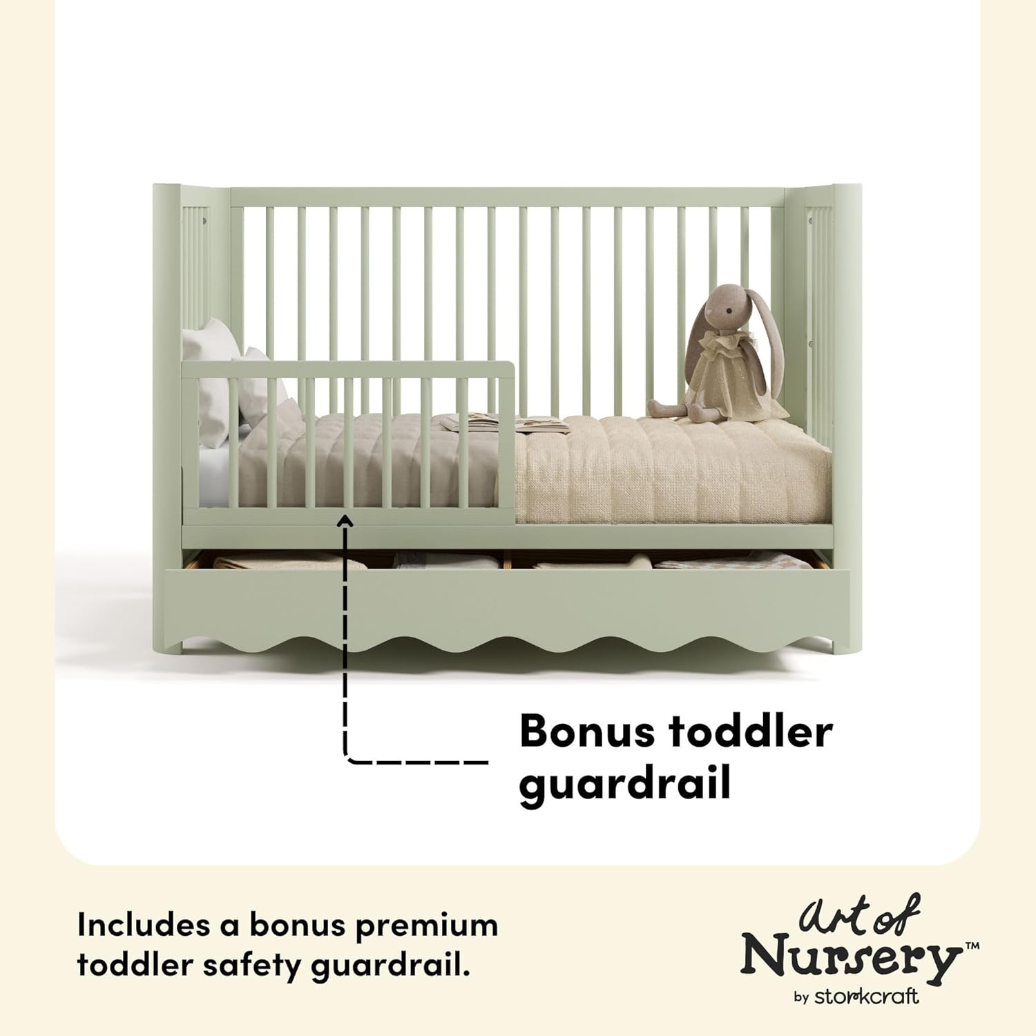 Storkcraft Casablanca Convertible Crib with Drawer and Toddler Guardrail (Sage) – GREENGUARD Gold Certified, Toddler Bed Conversion Kit Included, Fits Standard Crib Mattress, Crib with Storage
